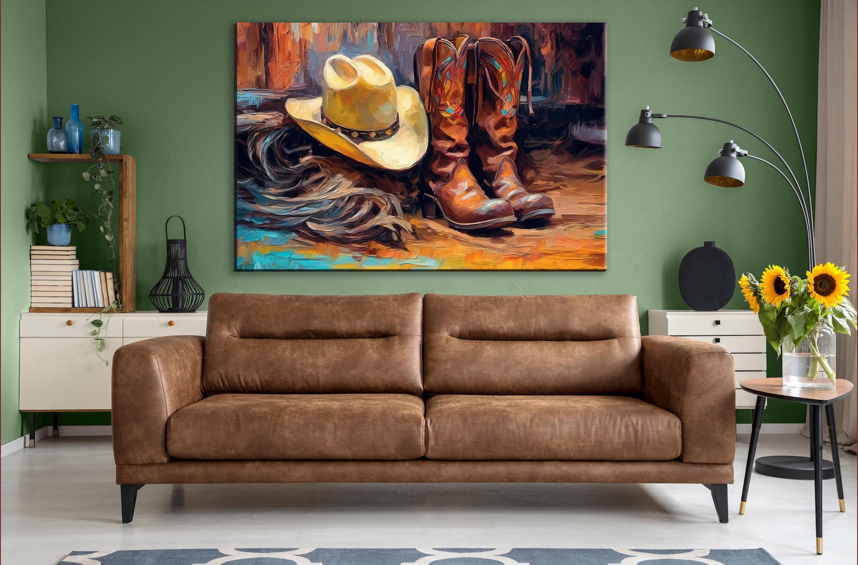 Texas Cowboy Wall Art – Large Cowboy Boots Canvas Print | Rustic Western Artwork