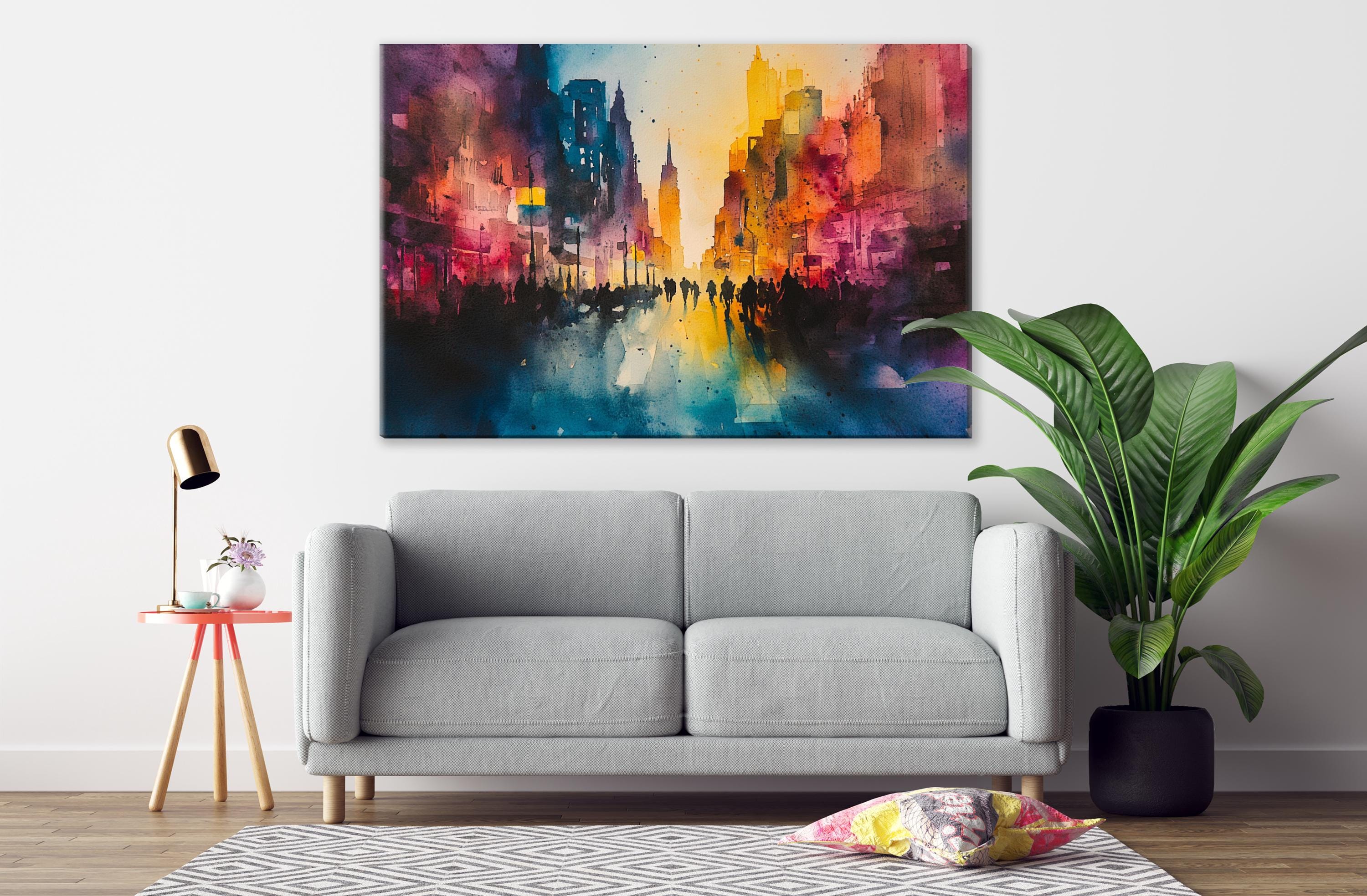 a modern living room with a gray sofa, a potted plant, and a large abstract painting hanging on the wall above the sofa.