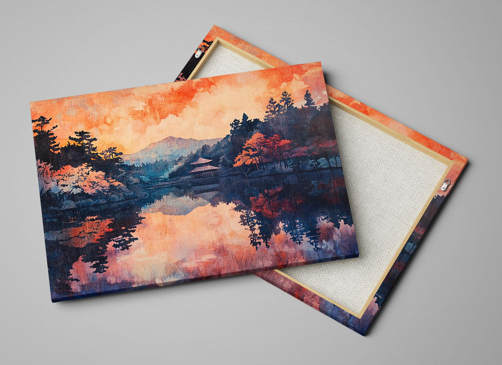 a painting of a lake with trees in the background