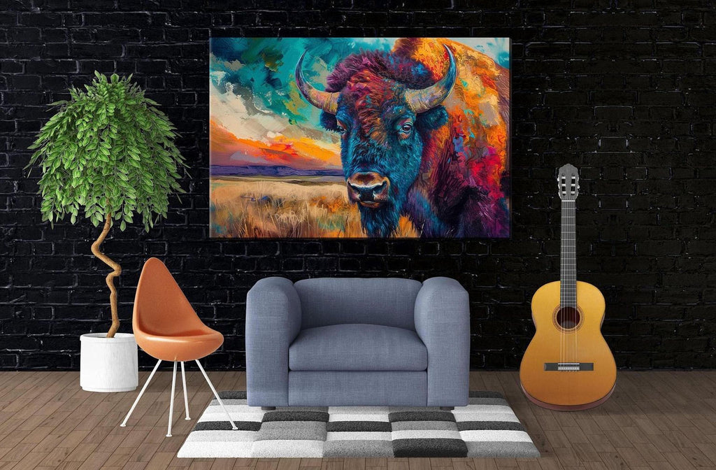 a large, colorful painting of a buffalo on a black brick wall, with a guitar and a chair in the foreground.
