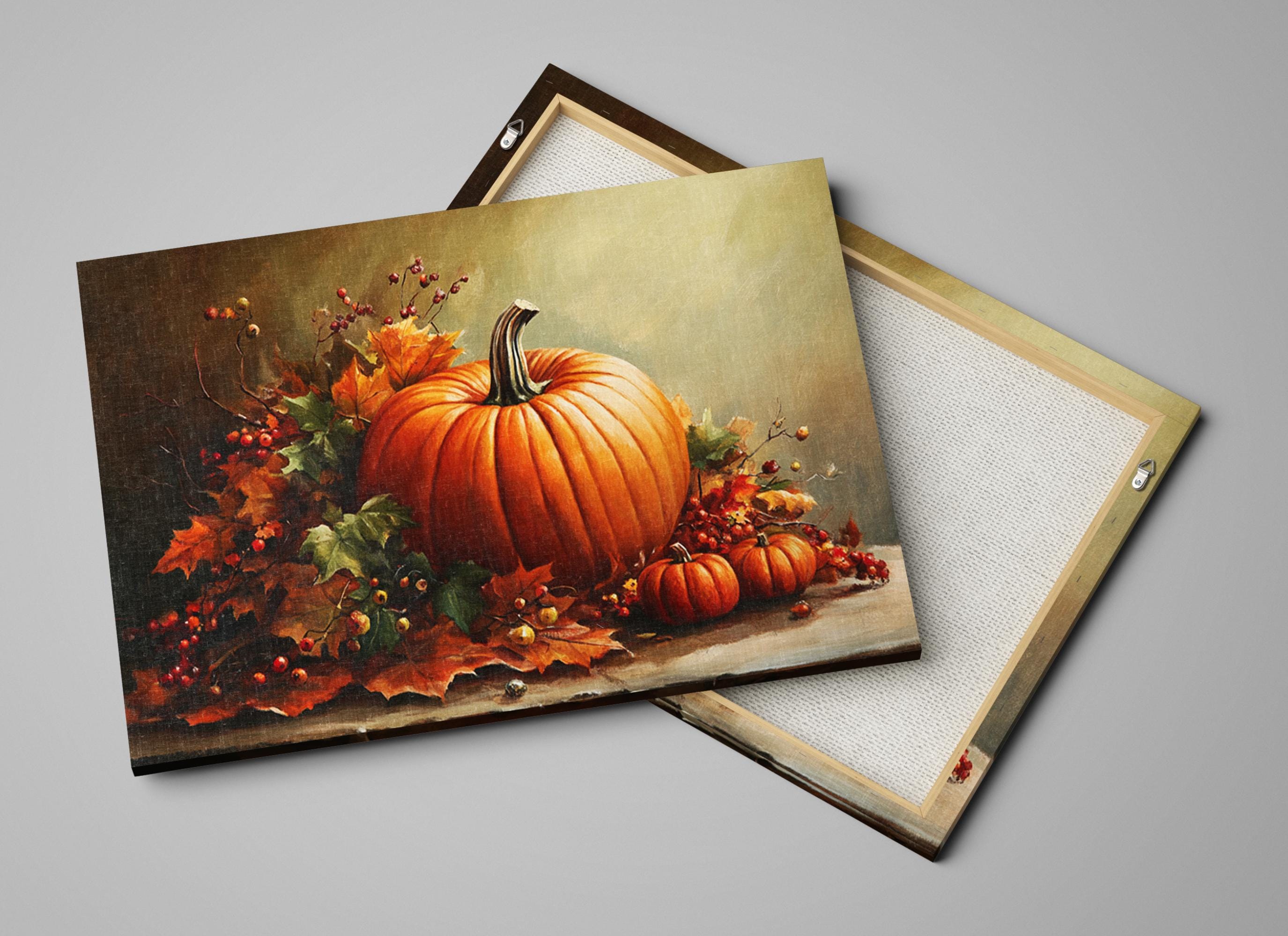 The image is a painting of a pumpkin surrounded by autumn leaves and berries, set against a neutral background.