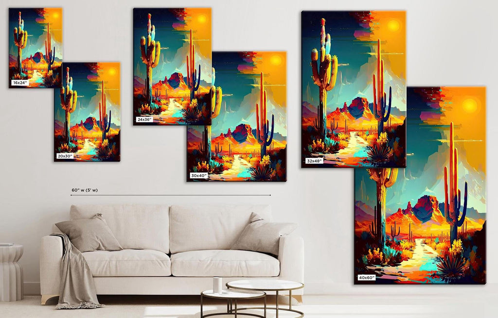 The image is a collage of six vibrant paintings depicting desert landscapes, including cacti, mountains, and sunsets. The paintings are arranged on a wall, with a white couch and a coffee table in the foreground.