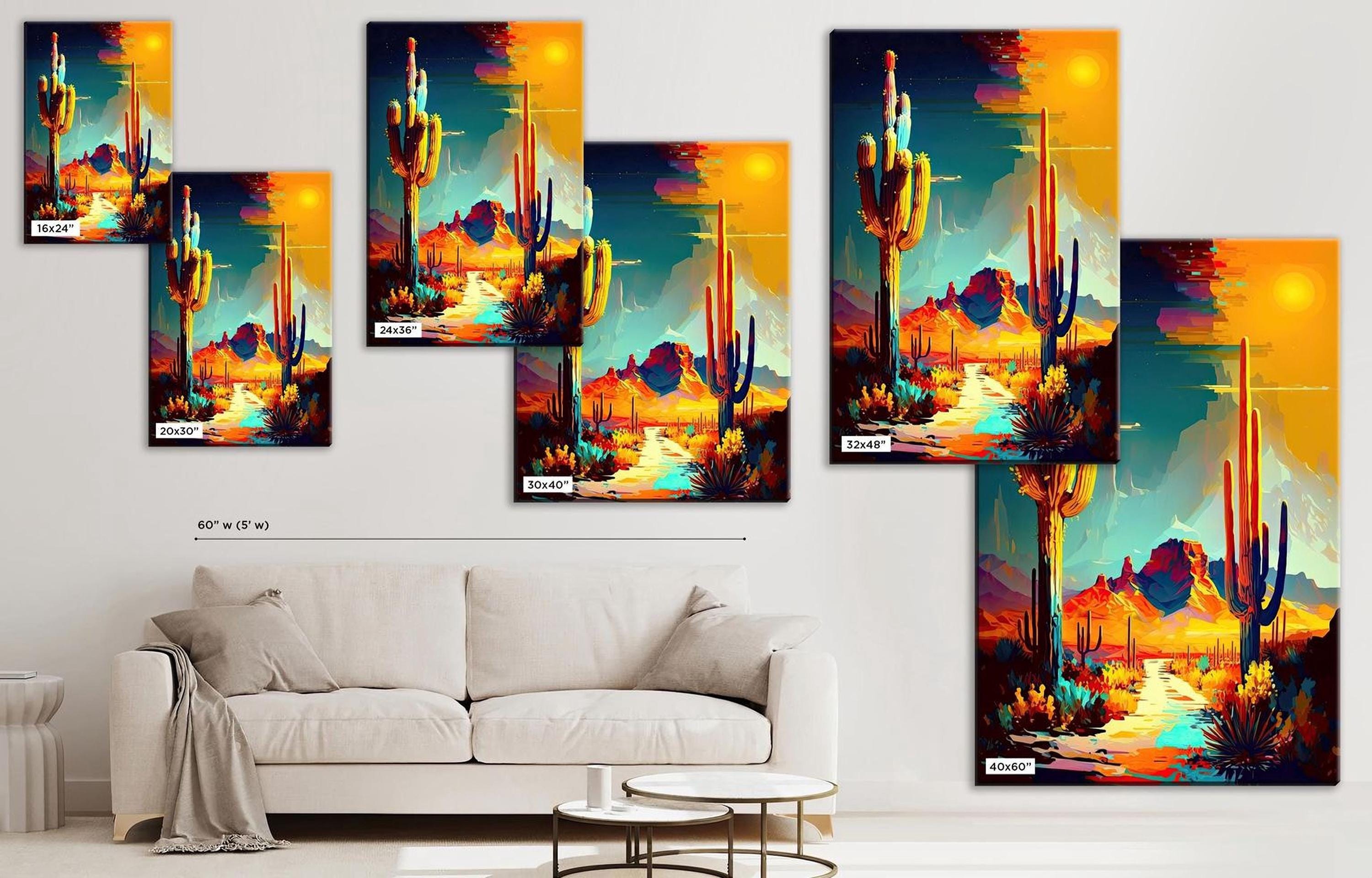 The image is a collage of six vibrant paintings depicting desert landscapes, including cacti, mountains, and sunsets. The paintings are arranged on a wall, with a white couch and a coffee table in the foreground.