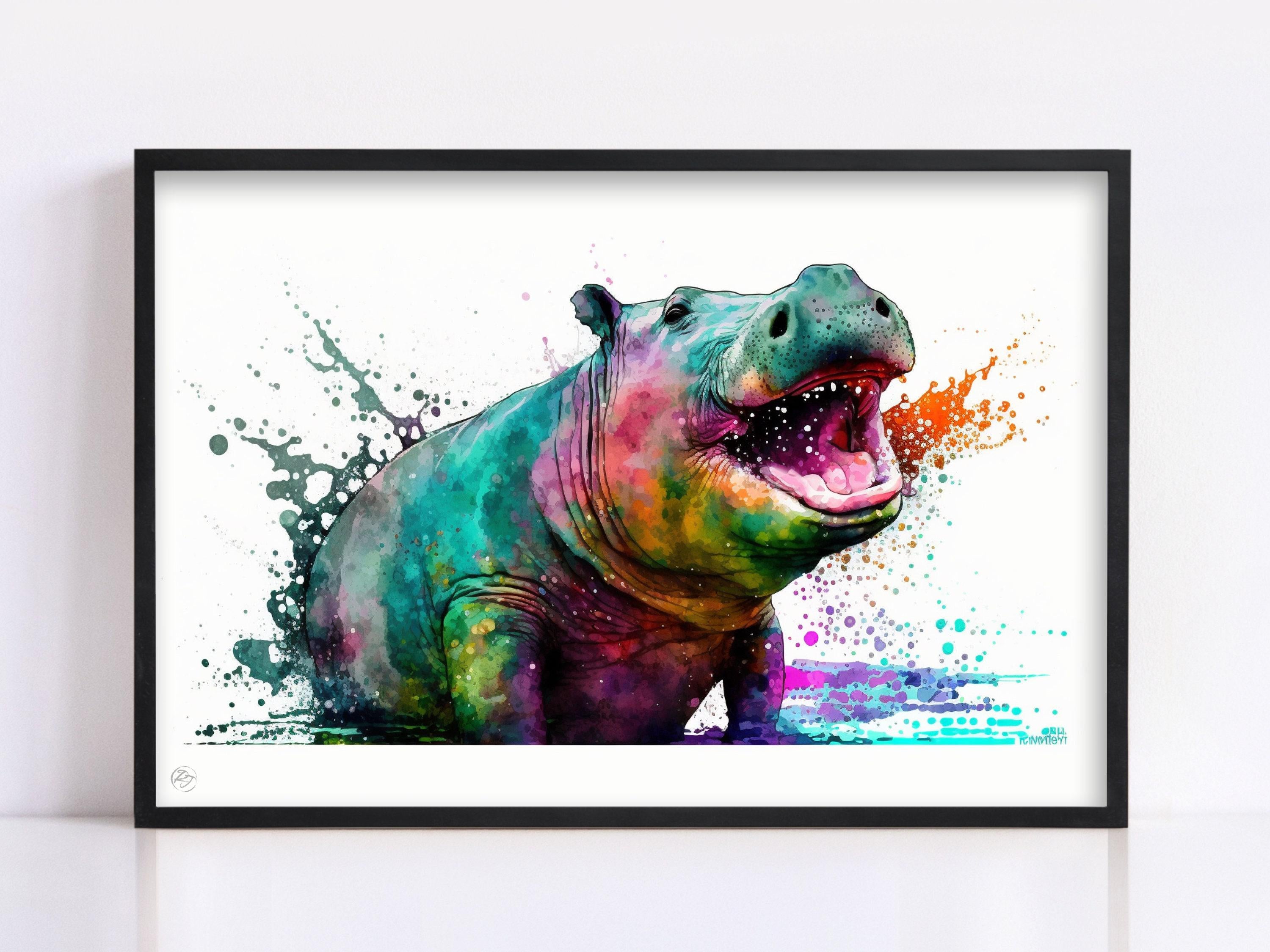 Hippo Serenity: Watercolor Hippopotamus Art Print, Giclee Print on Canvas, Artist Paper, Watercolor Paper, Available in Extra Large Sizes