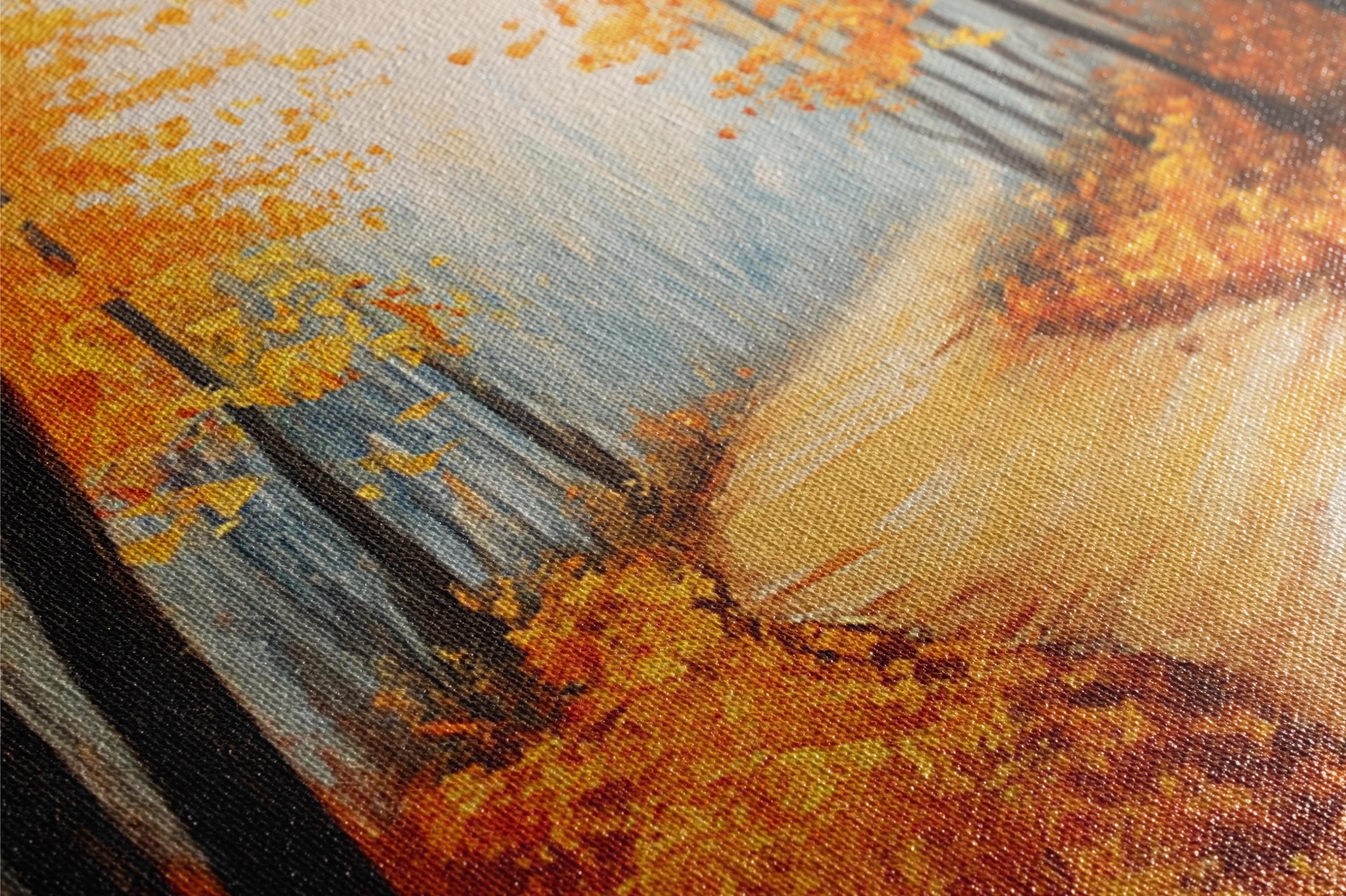 The image is a close-up of a painting depicting a forest scene with vibrant autumn foliage.