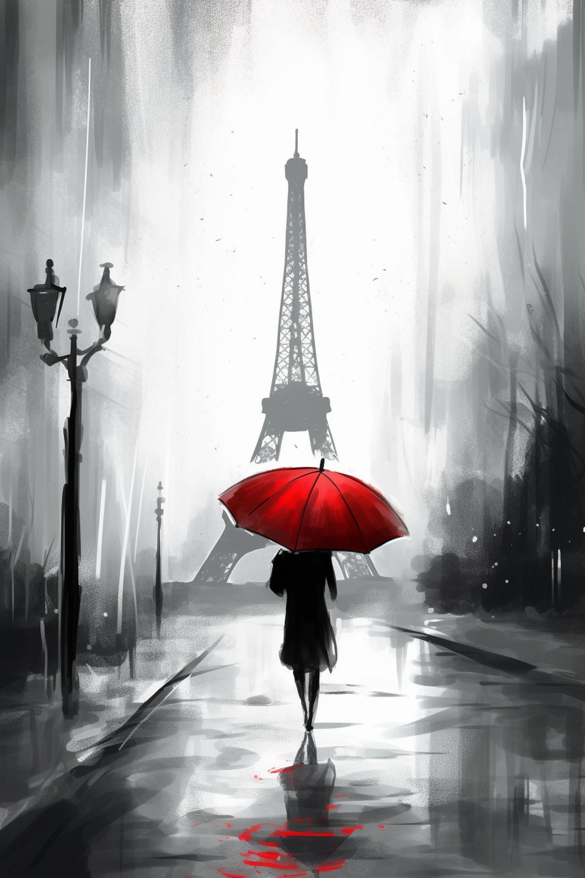 A lone figure walks down a rain-soaked street, holding a red umbrella, with the iconic Eiffel Tower looming in the background.