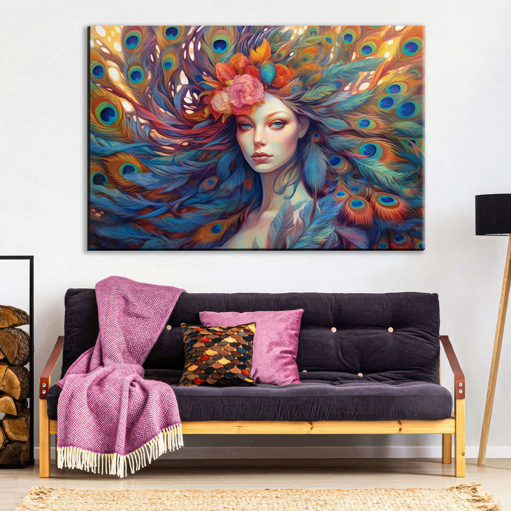 Peacock Feather Canvas | Large Canvas Print of Female Portrait Art with Vibrant Color