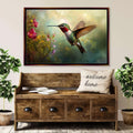 a painting of a hummingbird flying over a flower garden