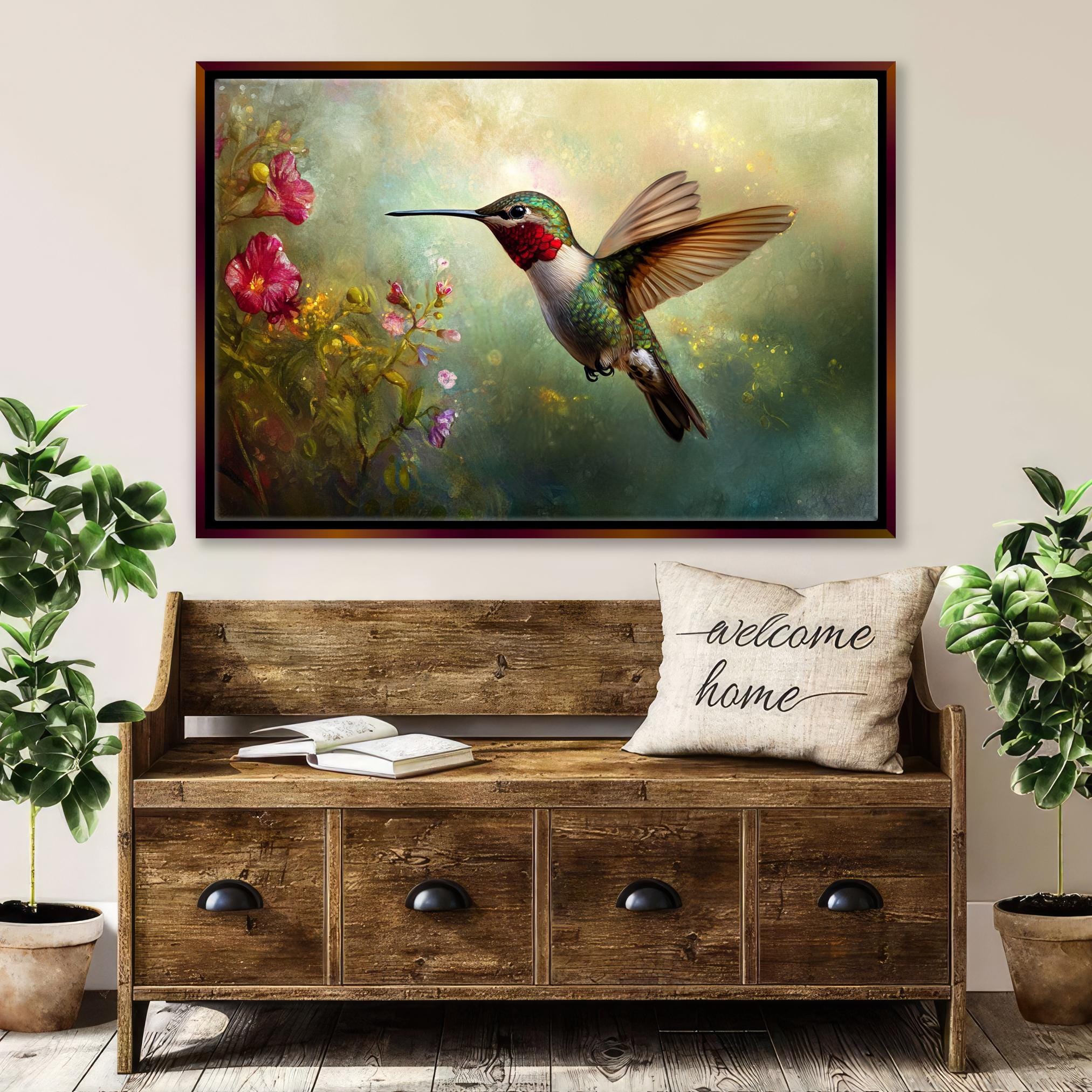 a painting of a hummingbird flying over a flower garden