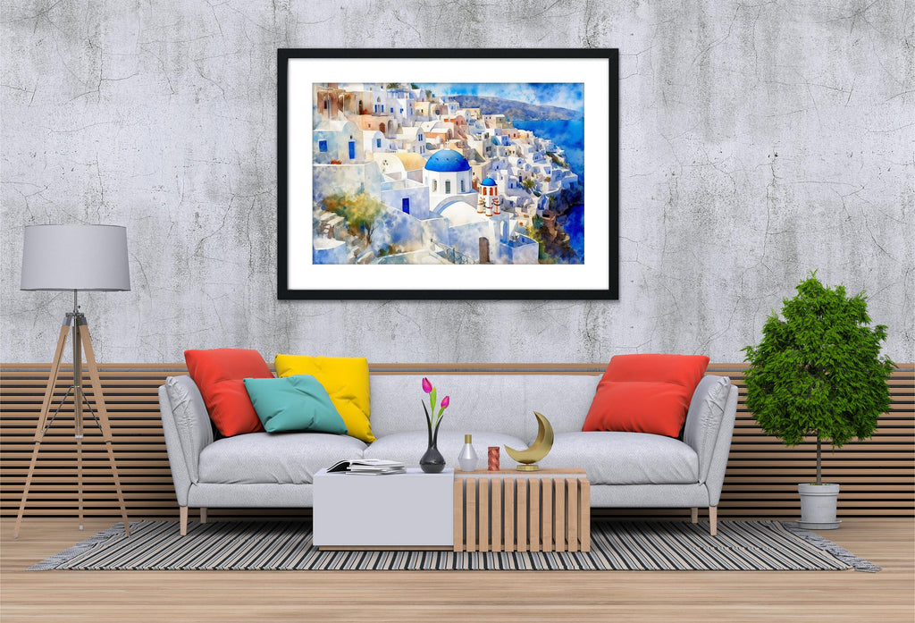 Grecian Getaway - Santorini Landscape Wall Hanging, Giclee Print on Canvas, Artist Paper, Watercolor Paper, Available in Extra Large Sizes