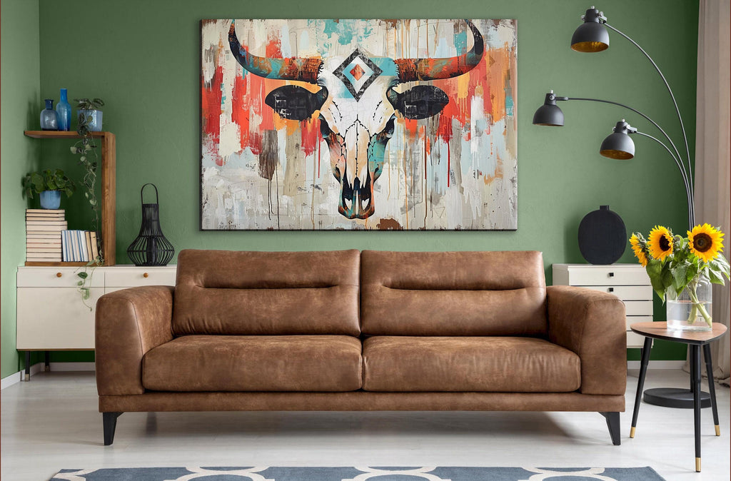 Cowboy Cow Skull Art - Rustic Wall Art | Large Canvas Print, Texas Home Decor