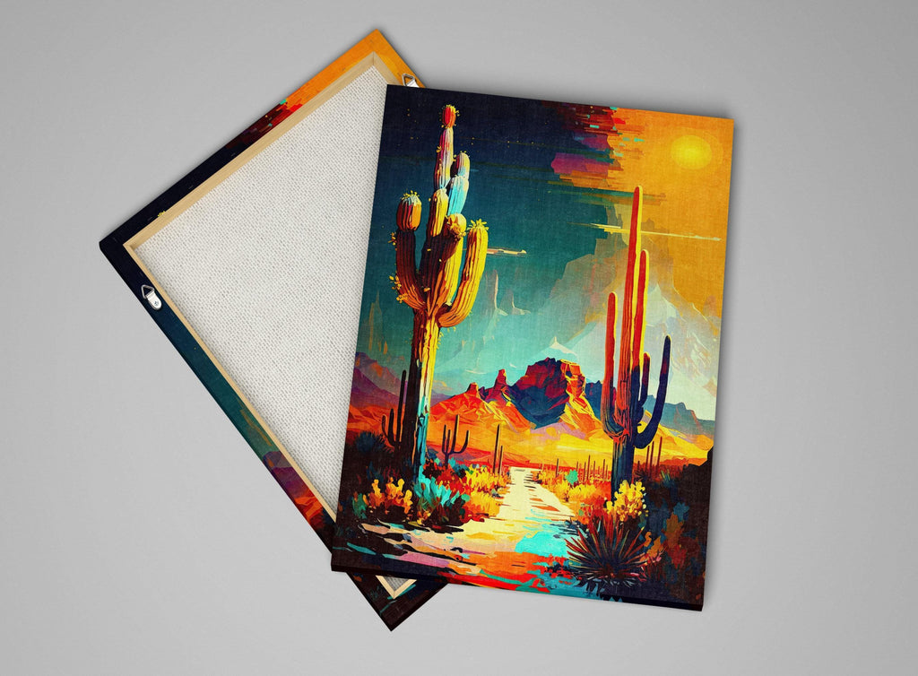 The image is a vibrant painting depicting a desert landscape with cacti and mountains in the background.