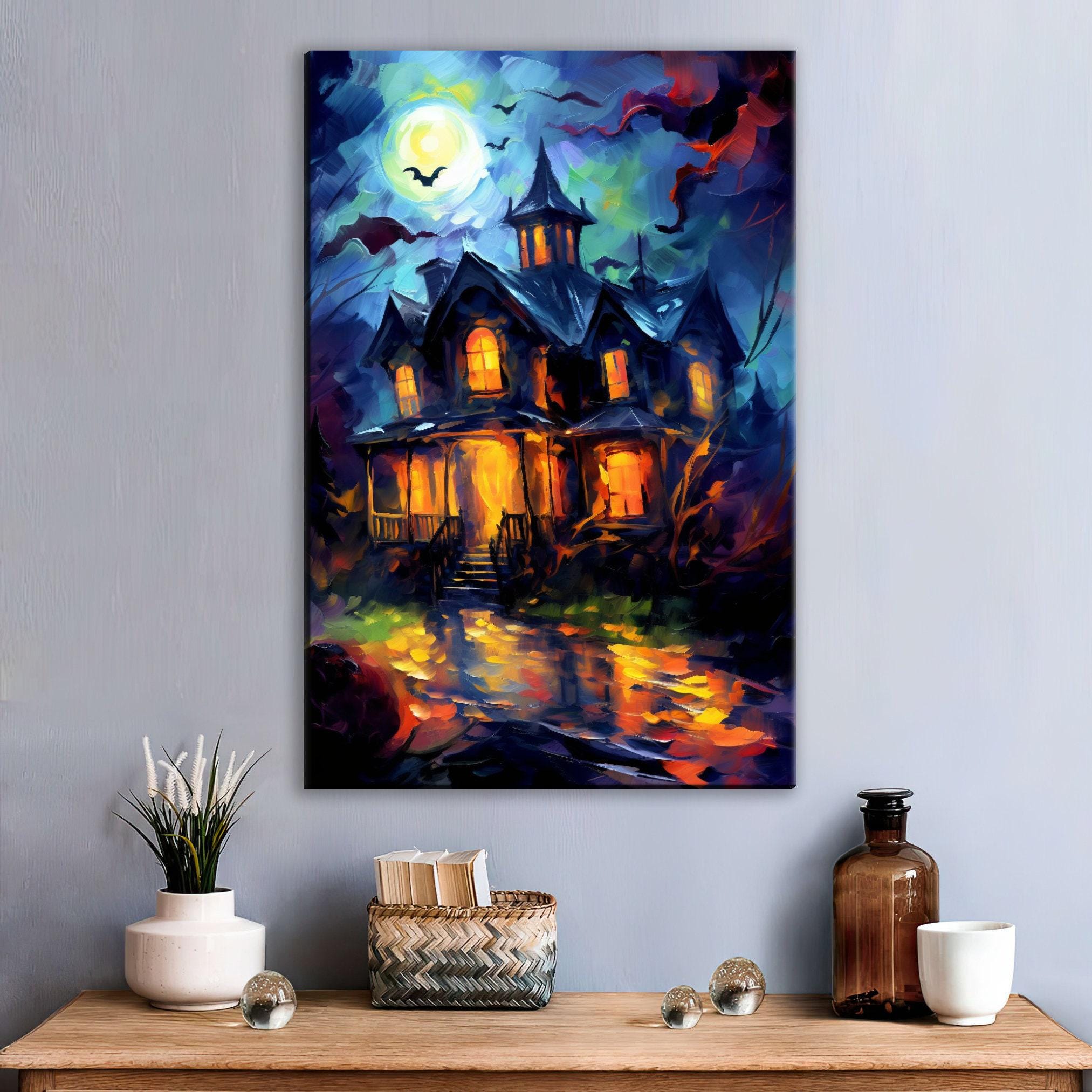 Halloween Haunted House Art – Large Canvas Wall Art | Spooky Home Decor, Gallery Wrapped