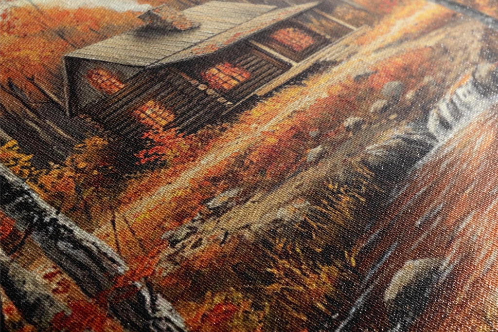a rustic cabin nestled in a forested area, surrounded by vibrant autumn foliage.