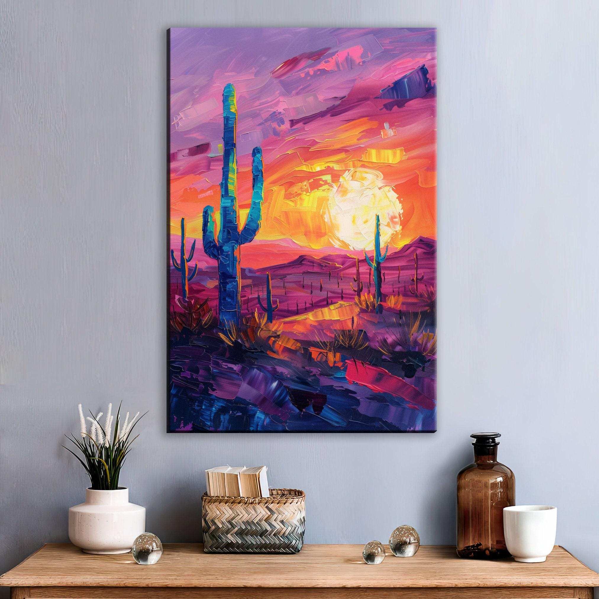 Desert Saguaro Canvas – Southwest Wall Art | Gallery Wrapped Sunset Cactus Silhouette Print