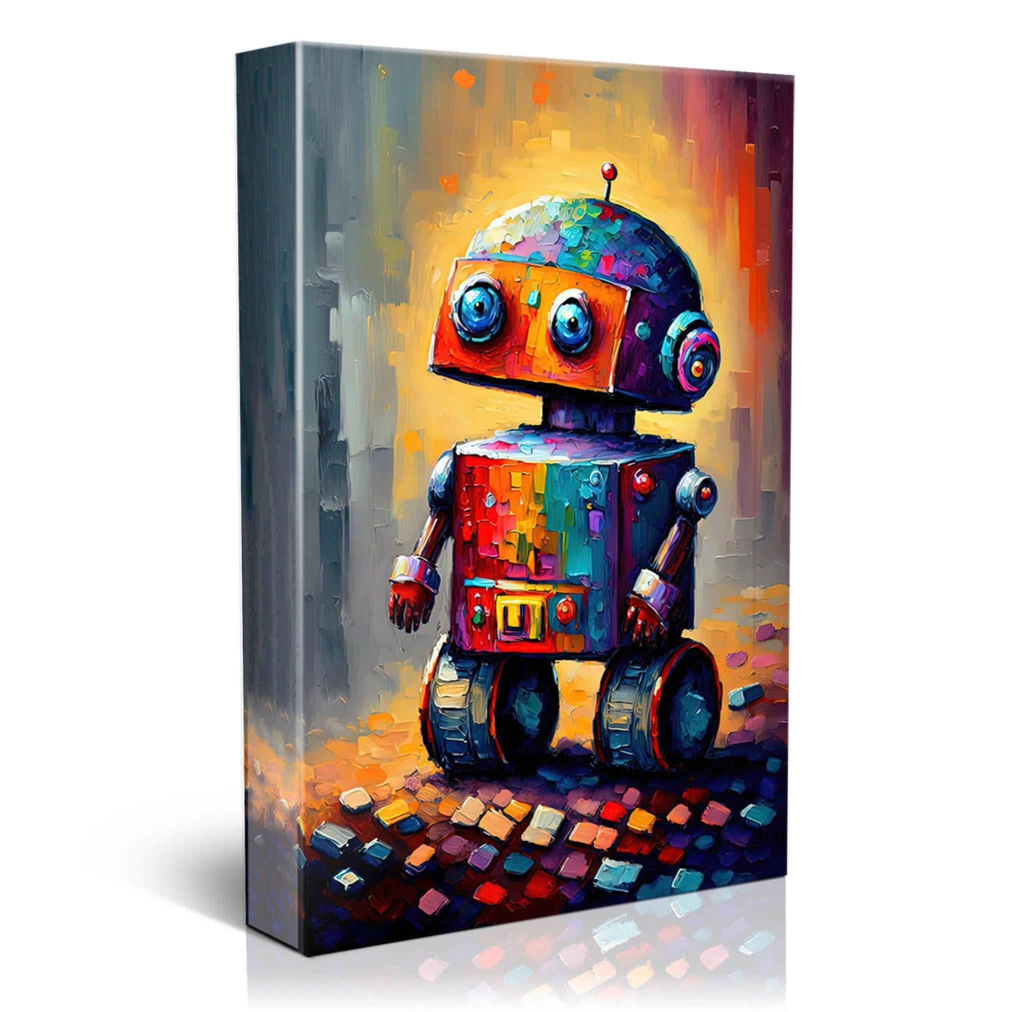 Kids Robot Wall Art - Colorful Robot Art Print on Lightweight Stretched Canvas