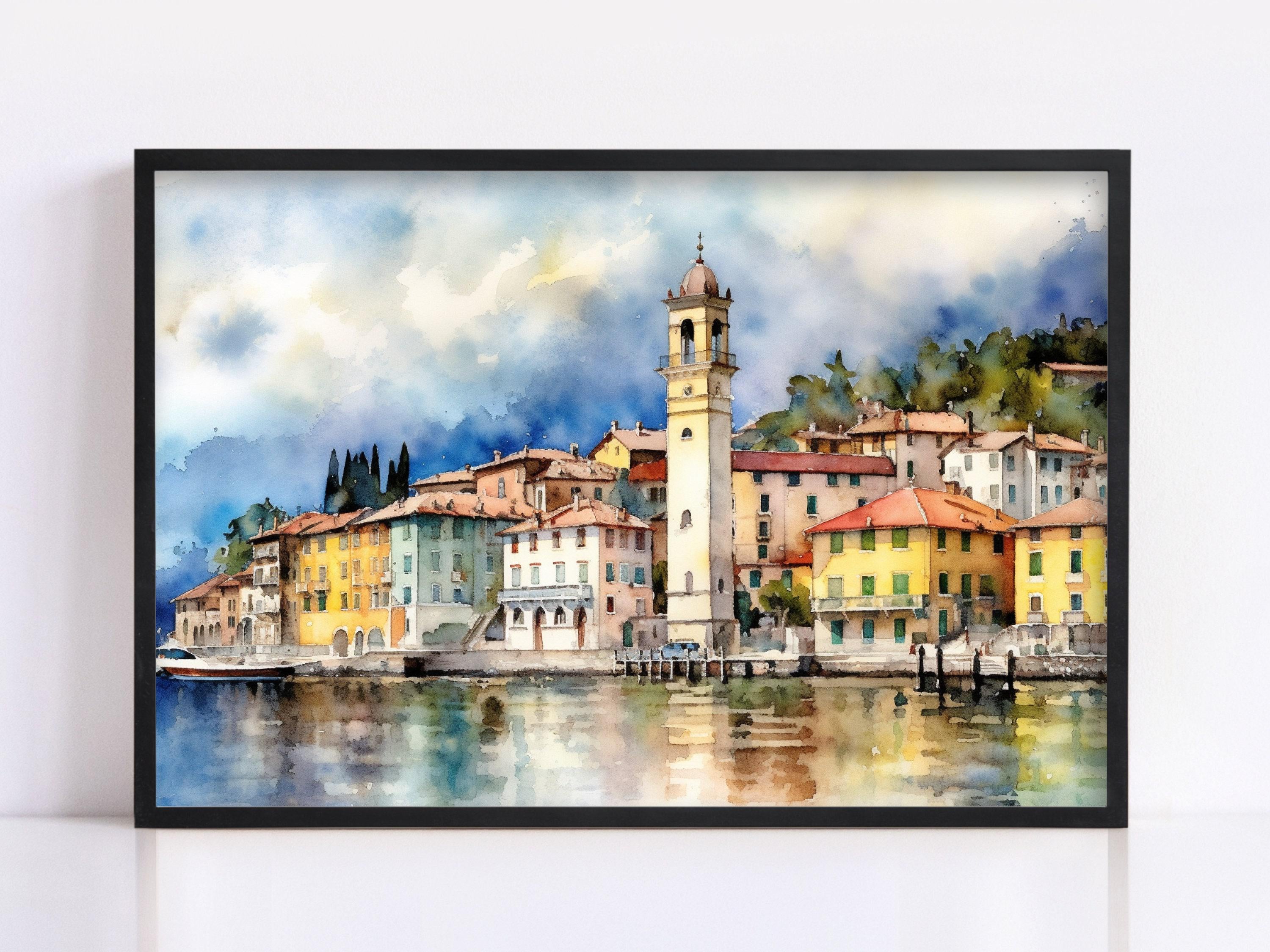 Tranquil Lake Cuomo Waters - Italian Landscape Print, Giclee Print on Canvas, Artist Paper, Watercolor Paper, Available in Extra Large Sizes