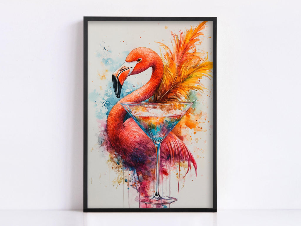 A framed painting depicting a vibrant flamingo standing next to a martini glass filled with a colorful drink.