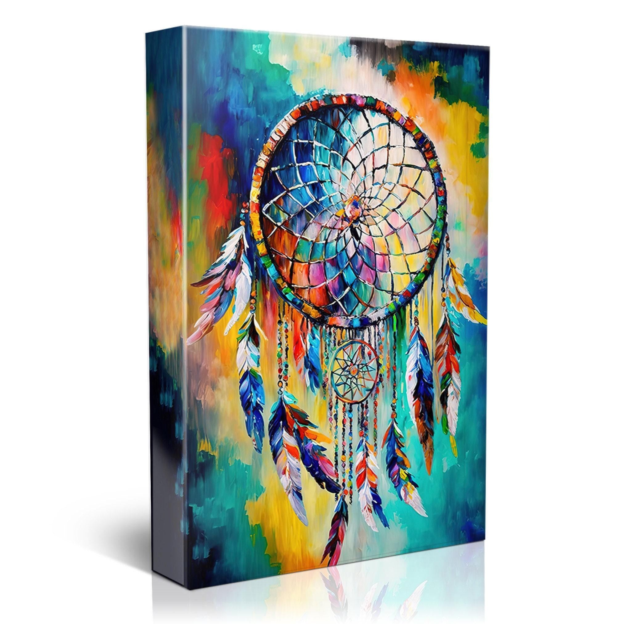 Dreamcatcher Art Print - Native American Canvas Wall Decor With Peacock Feather Art