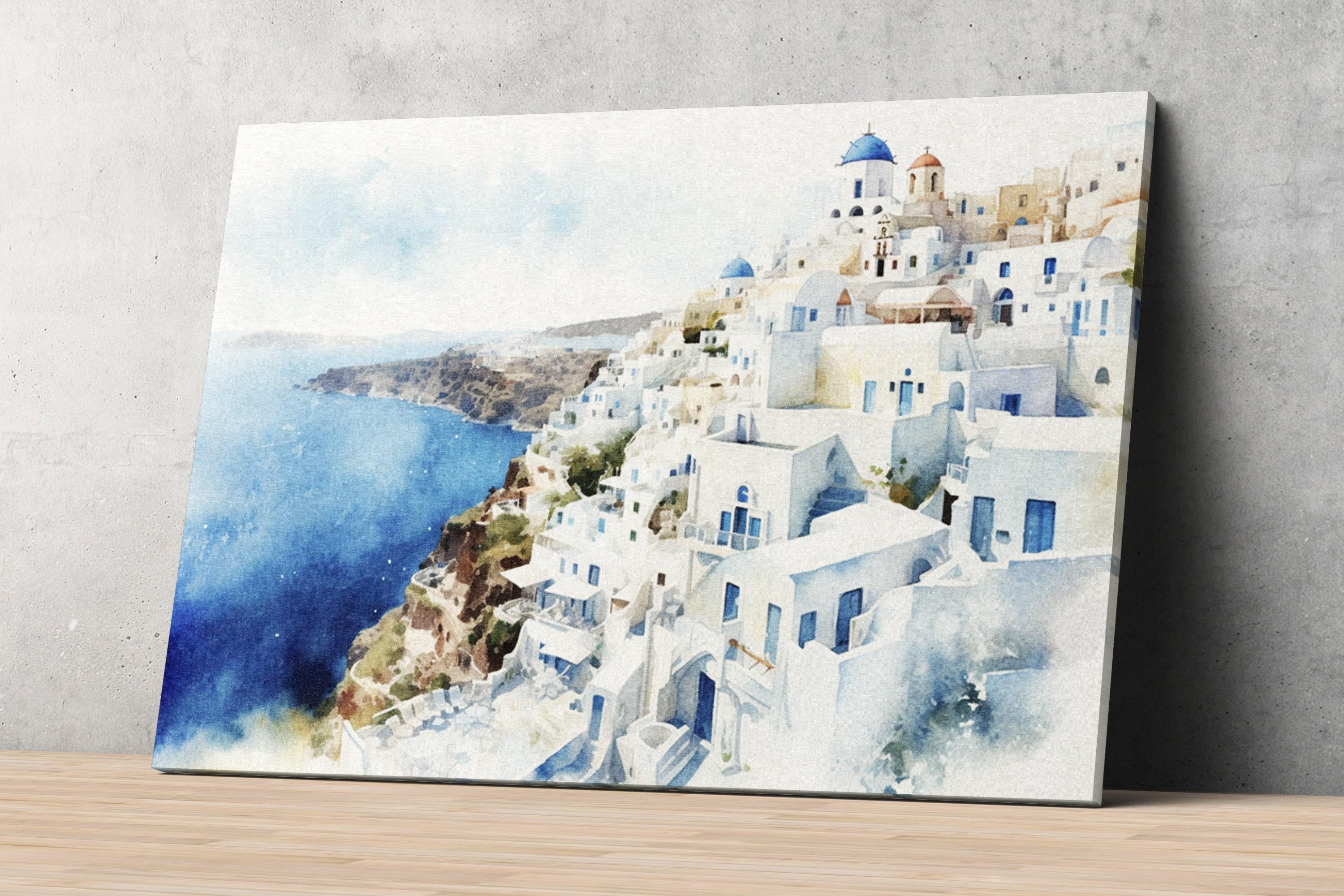 The image is a watercolor painting depicting a picturesque coastal town with white buildings and blue domes overlooking the ocean.