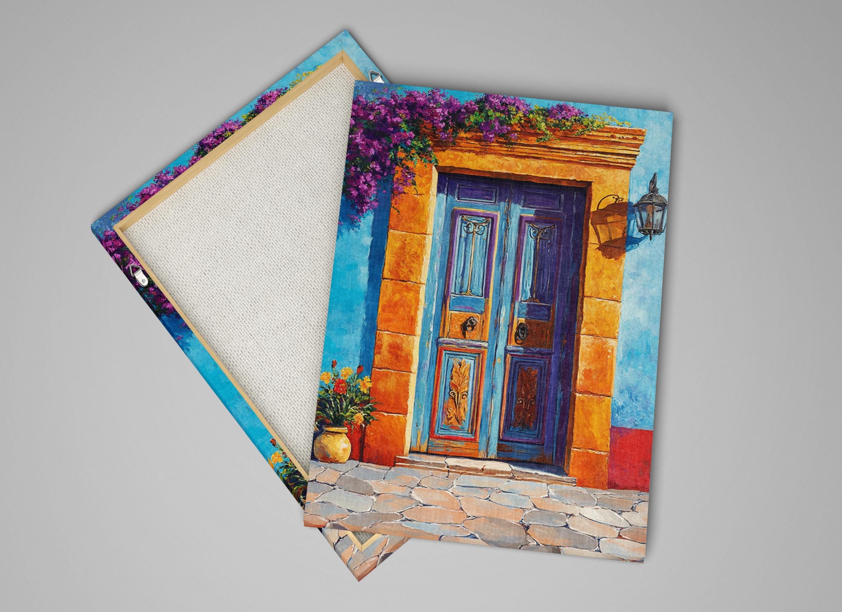 a painting of a blue door and a picture of a potted plant