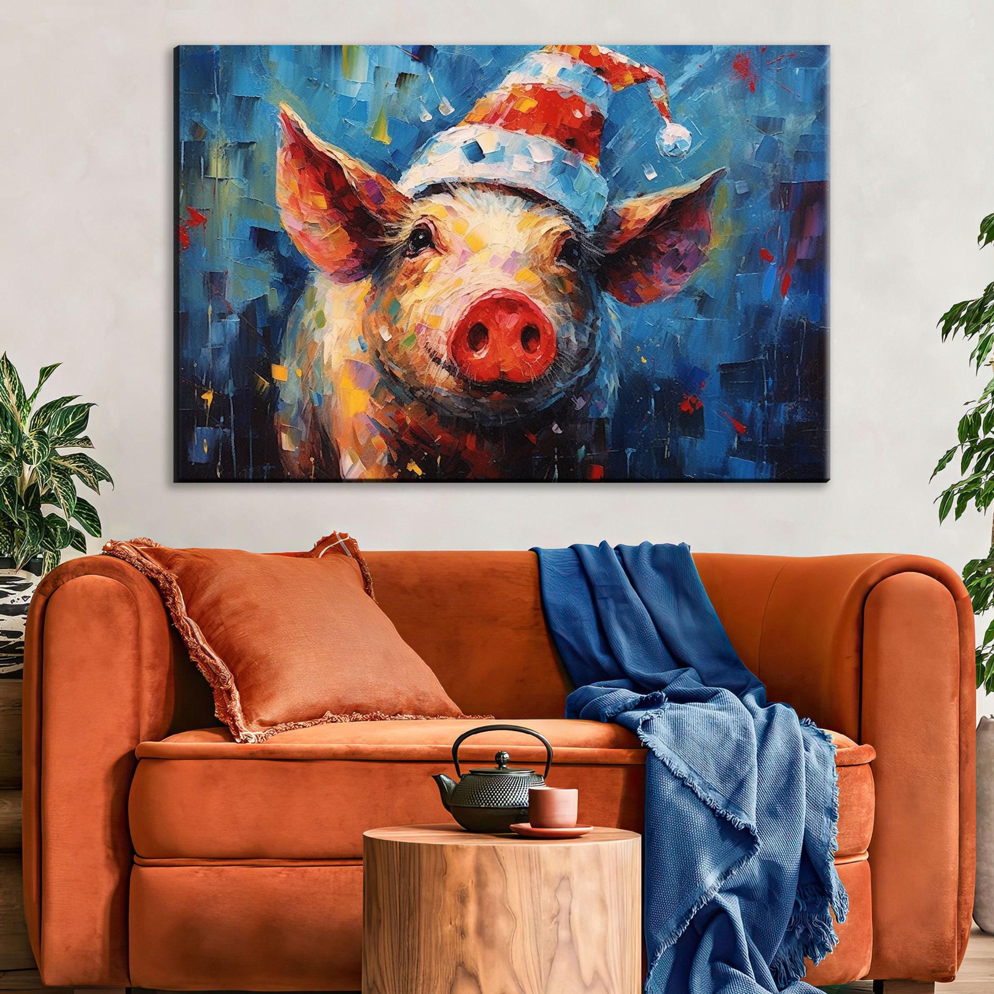 Santa Pig Painting - Whimsical Christmas Canvas Art | Extra Large Gallery Wrapped Print