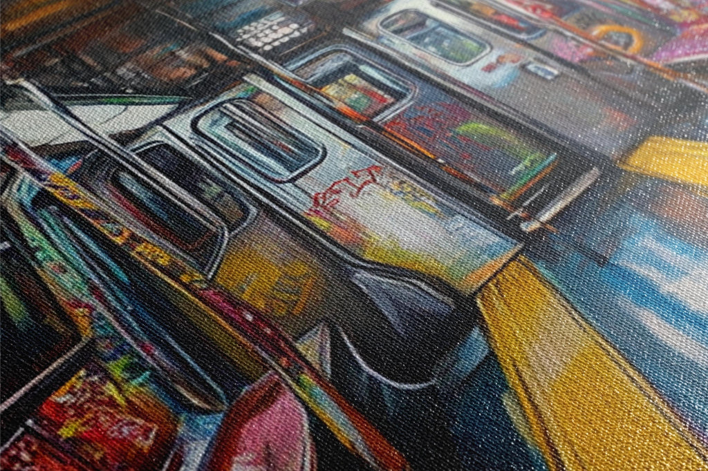 a close up of a painting of a bus