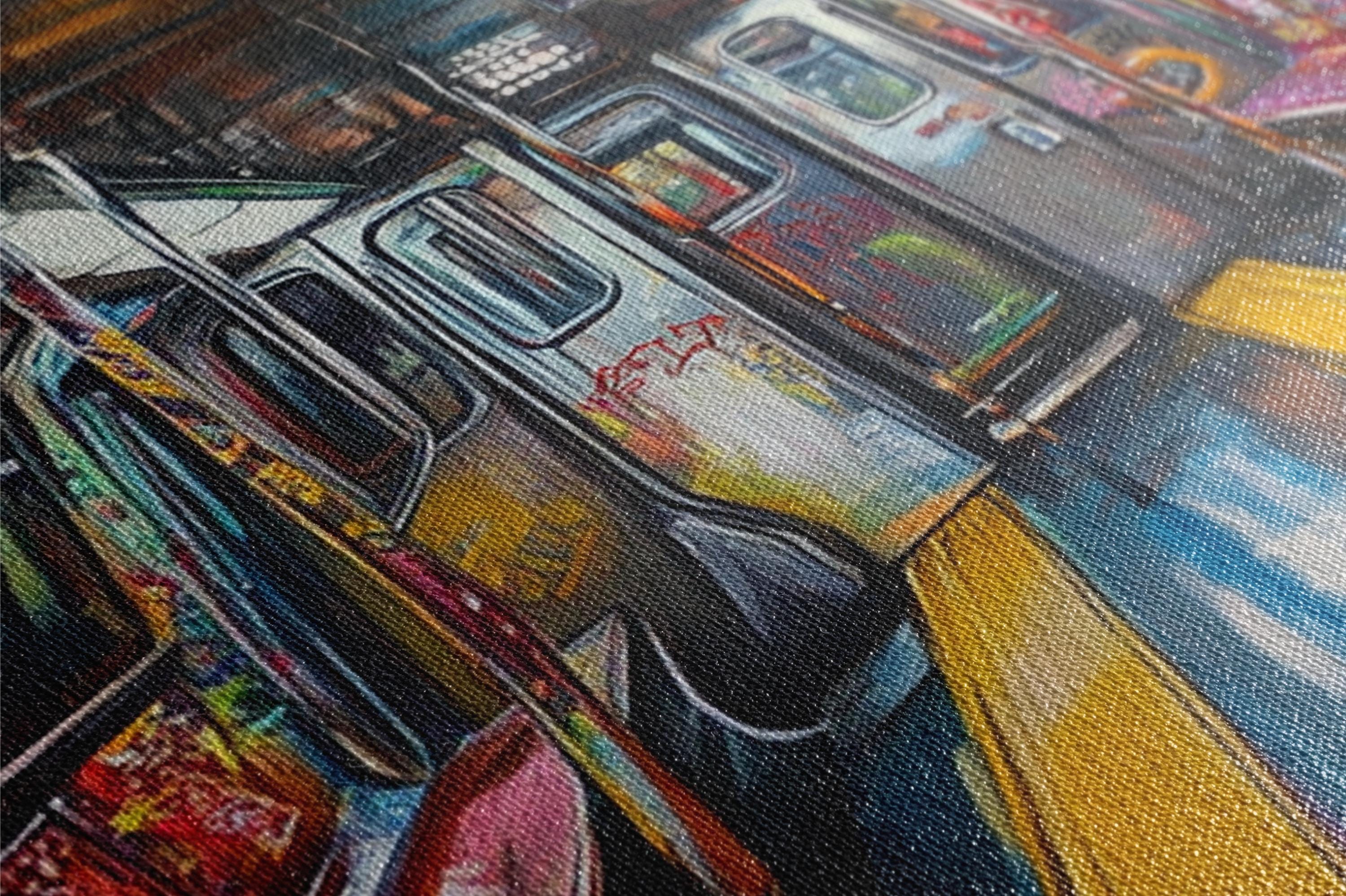 a close up of a painting of a bus