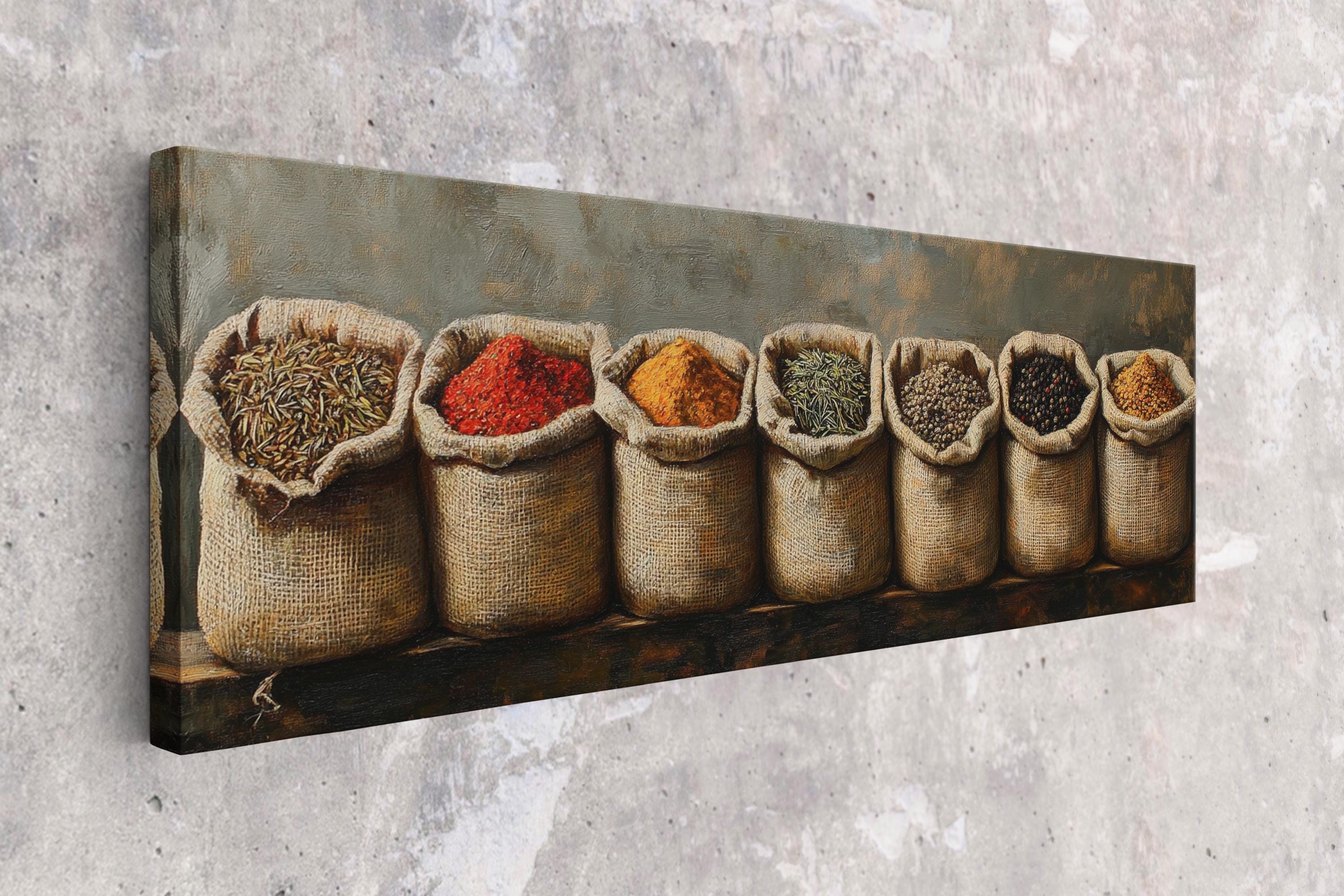 a painting of a row of bags filled with spices