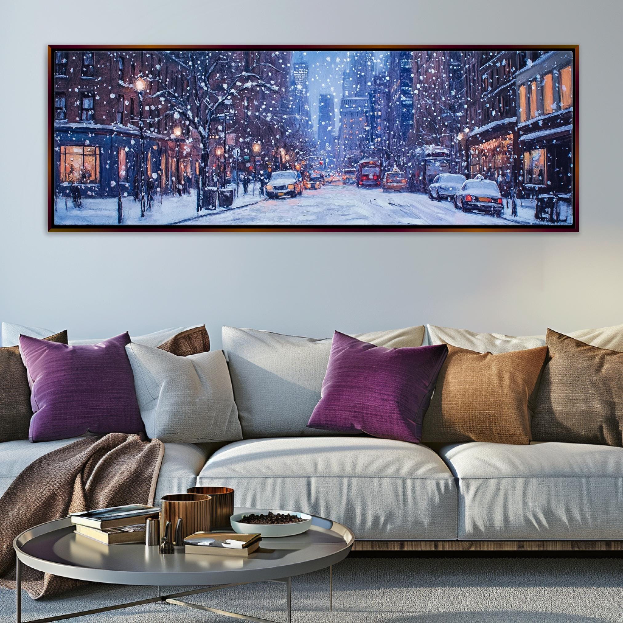 a living room scene with a couch and a coffee table
