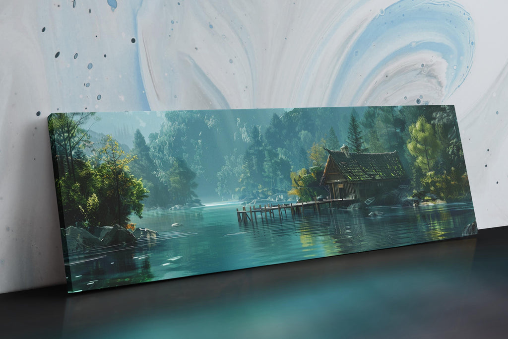 a painting of a lake with a house on it