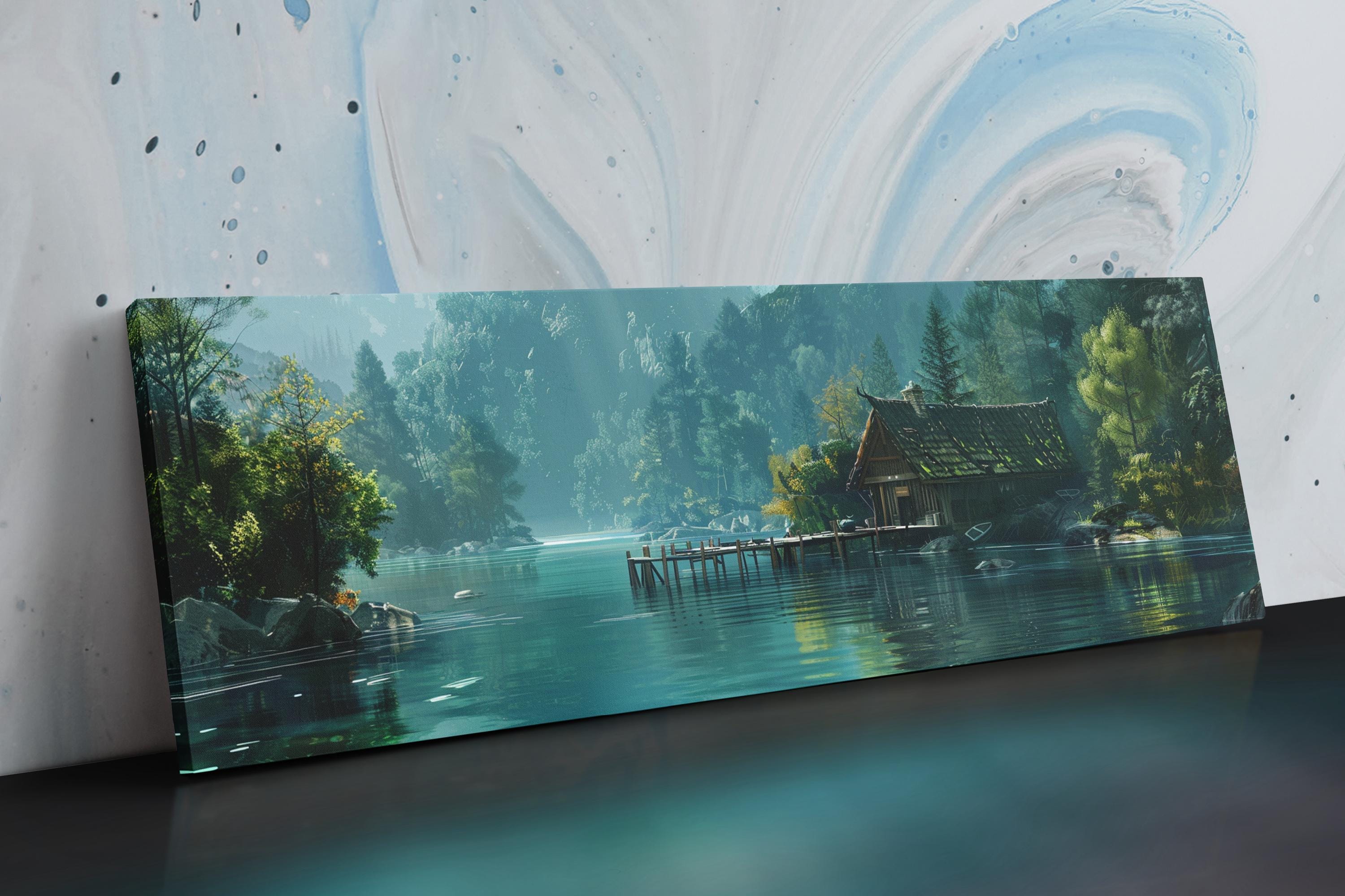 a painting of a lake with a house on it