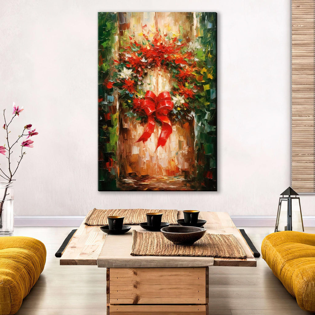 Christmas Wreath Art – Rustic Traditional Holiday Wall Decor on Gallery Wrapped Canvas