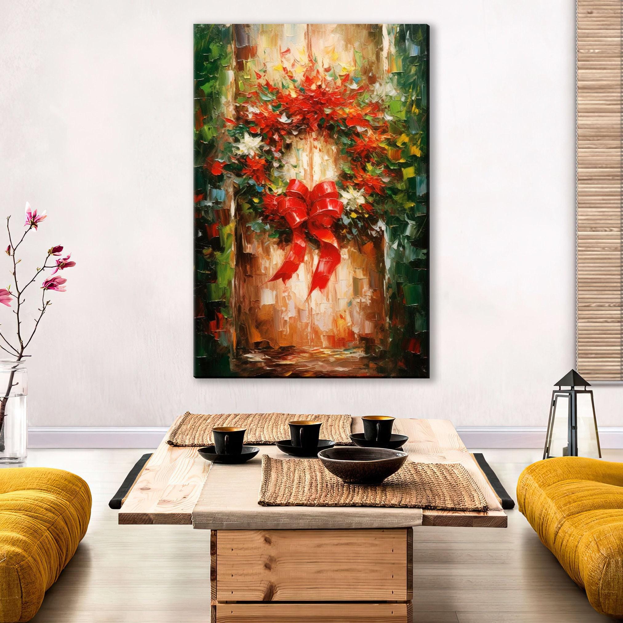 Christmas Wreath Art – Rustic Traditional Holiday Wall Decor on Gallery Wrapped Canvas
