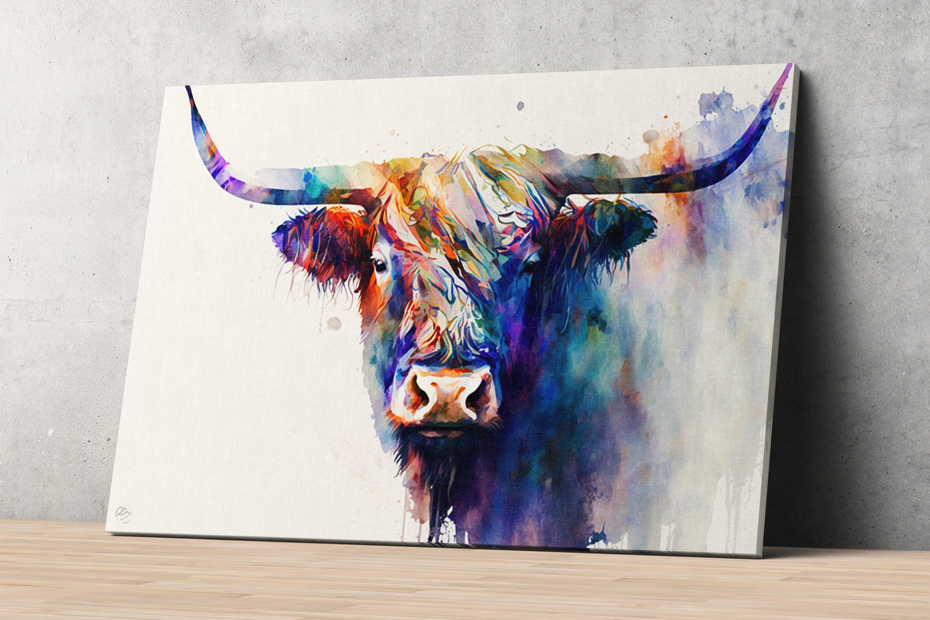 Scotland's Icon: Watercolor Highland Cow Wall Decor, Giclee Print on Canvas, Artist Paper, Watercolor Paper, Available in Extra Large Sizes