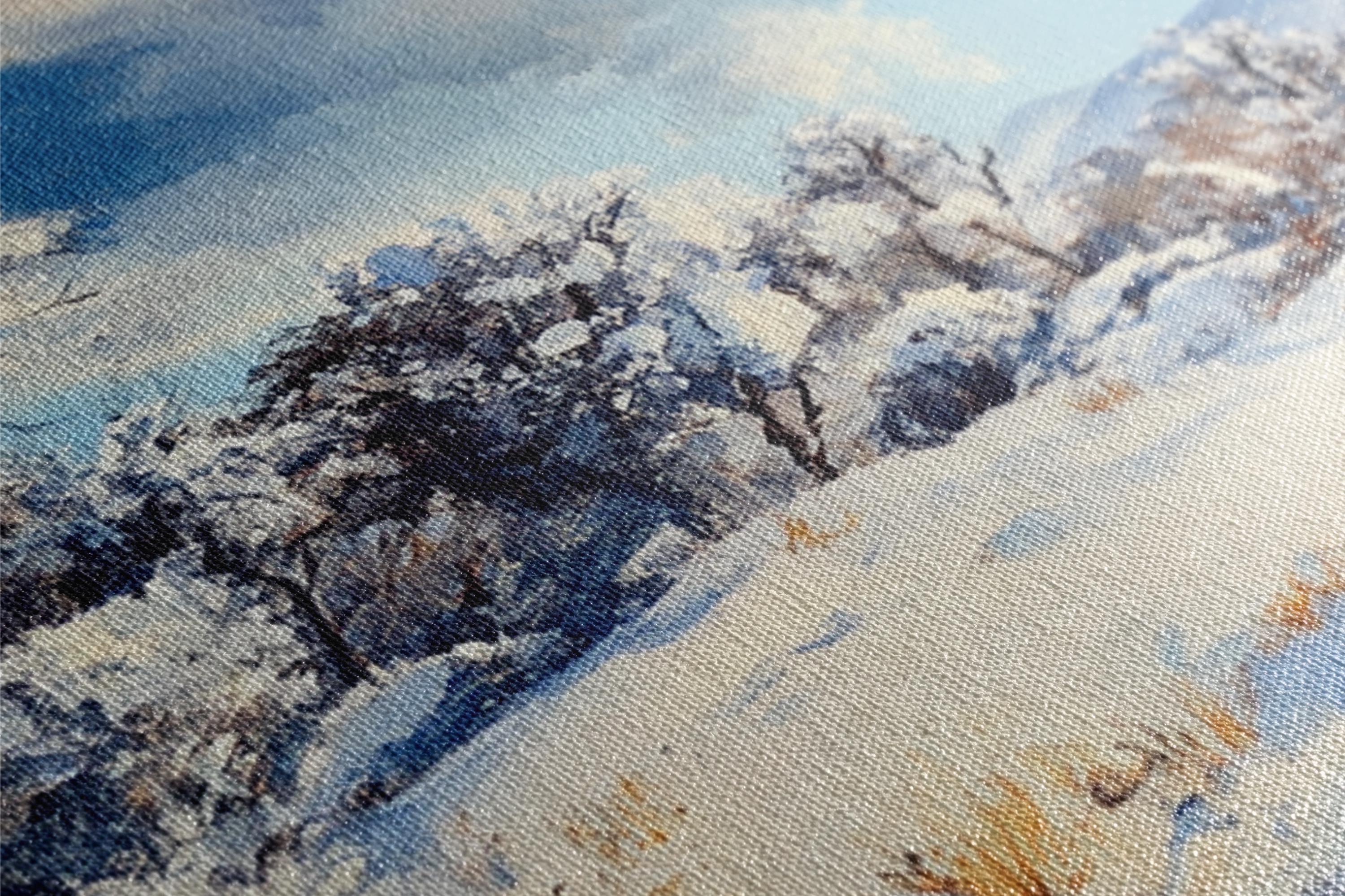 a painting of a snowy landscape with trees