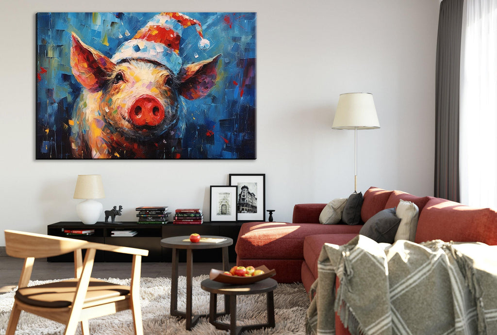 Santa Pig Painting - Whimsical Christmas Canvas Art | Extra Large Gallery Wrapped Print