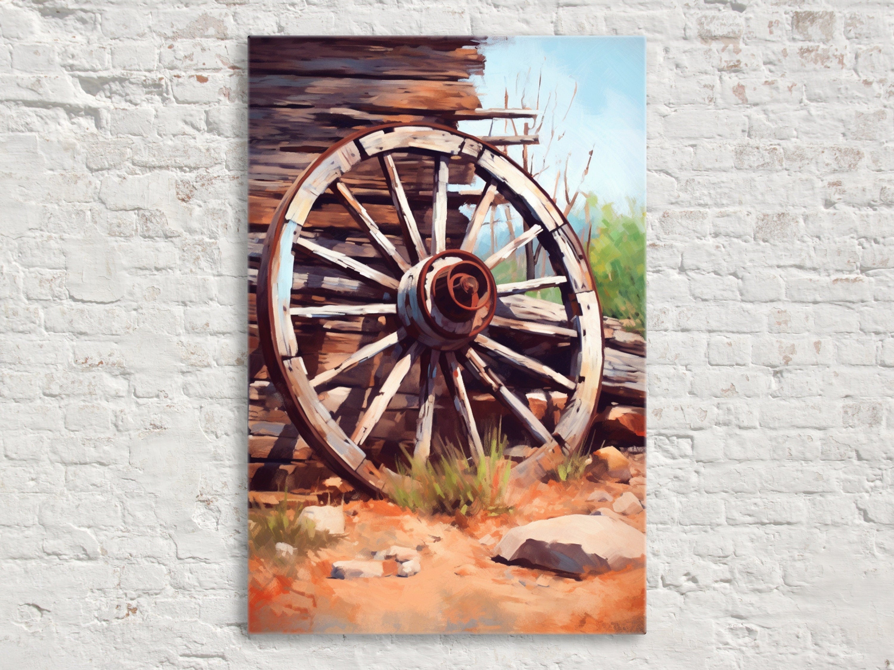 Wagon Wheel Painting - Vintage Rustic Canvas Wall Art | Gallery Wrapped Ready to Hang