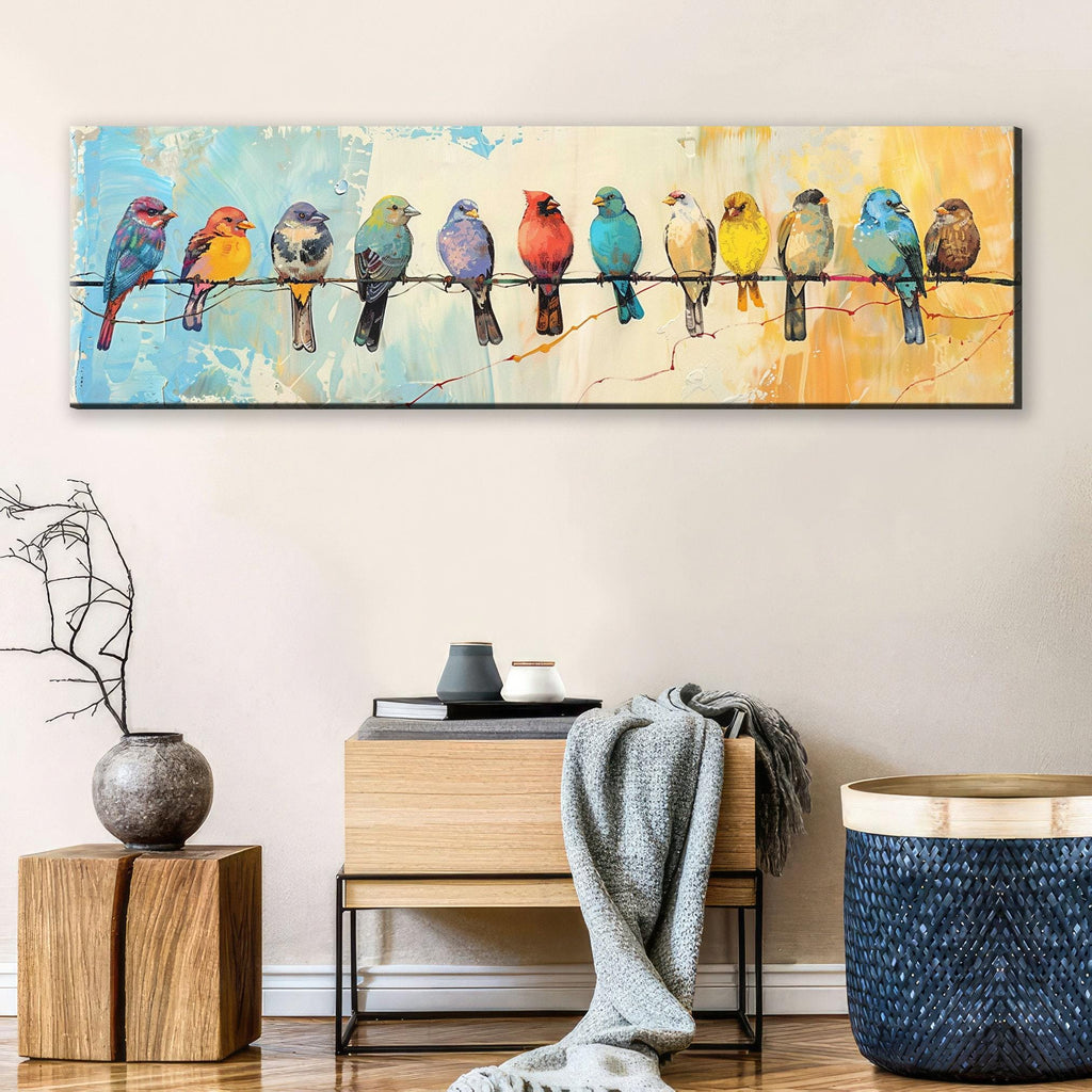 a large painting of colorful birds perched on a wire, displayed on a wall above a wooden table with a vase and a stack of books.
