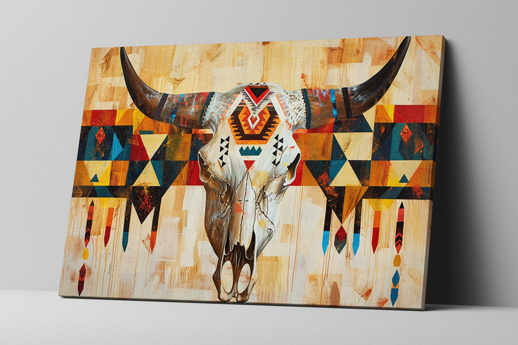 Tribal Cow Skull Art - Native Longhorn Canvas | Large Gallery Wrapped Wall Decor