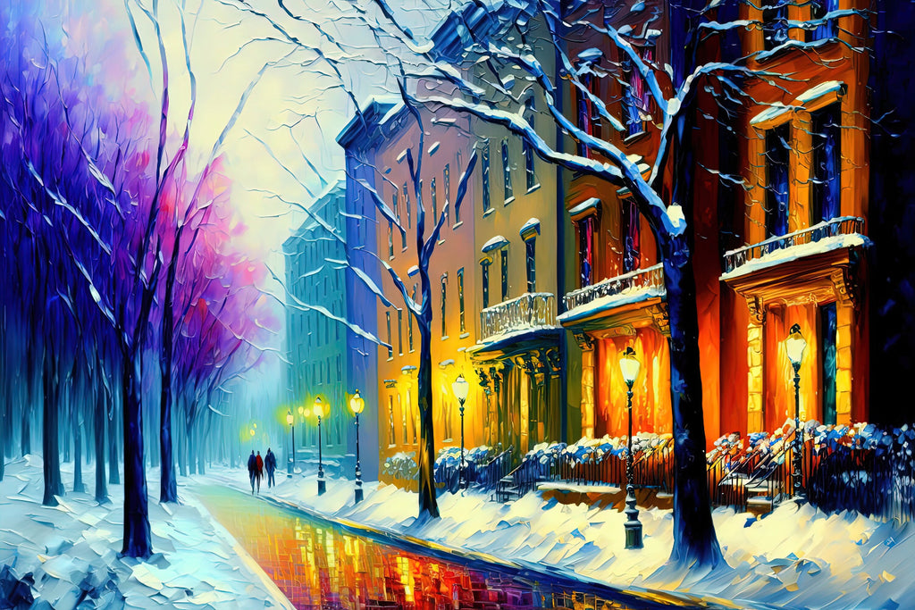 Cityscape Painting Print – Vibrant Winter Snow Artwork on Large Canvas Art