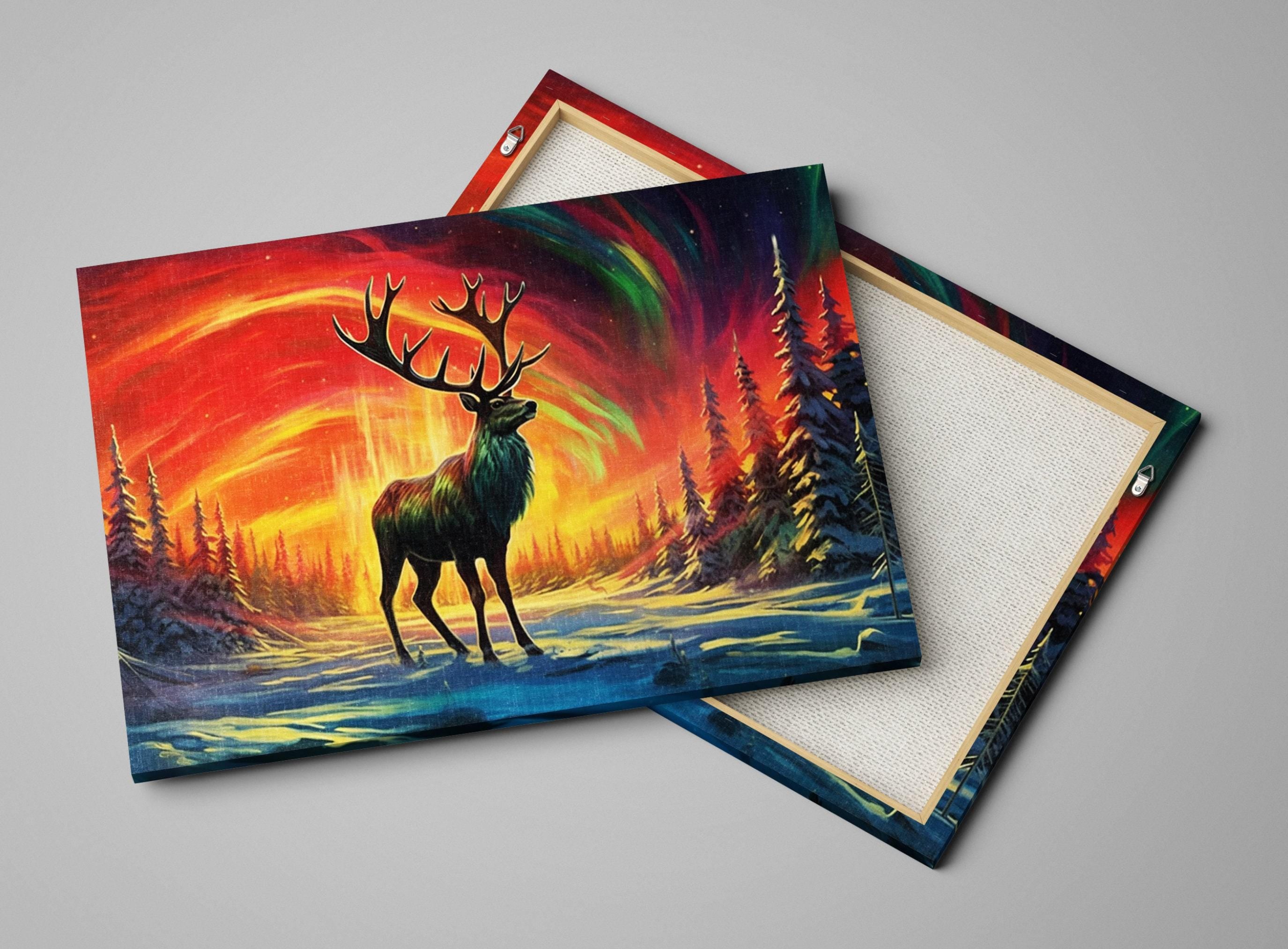 Winter Elk Canvas - Northern Lights Art | Extra Large Gallery Wrapped Print