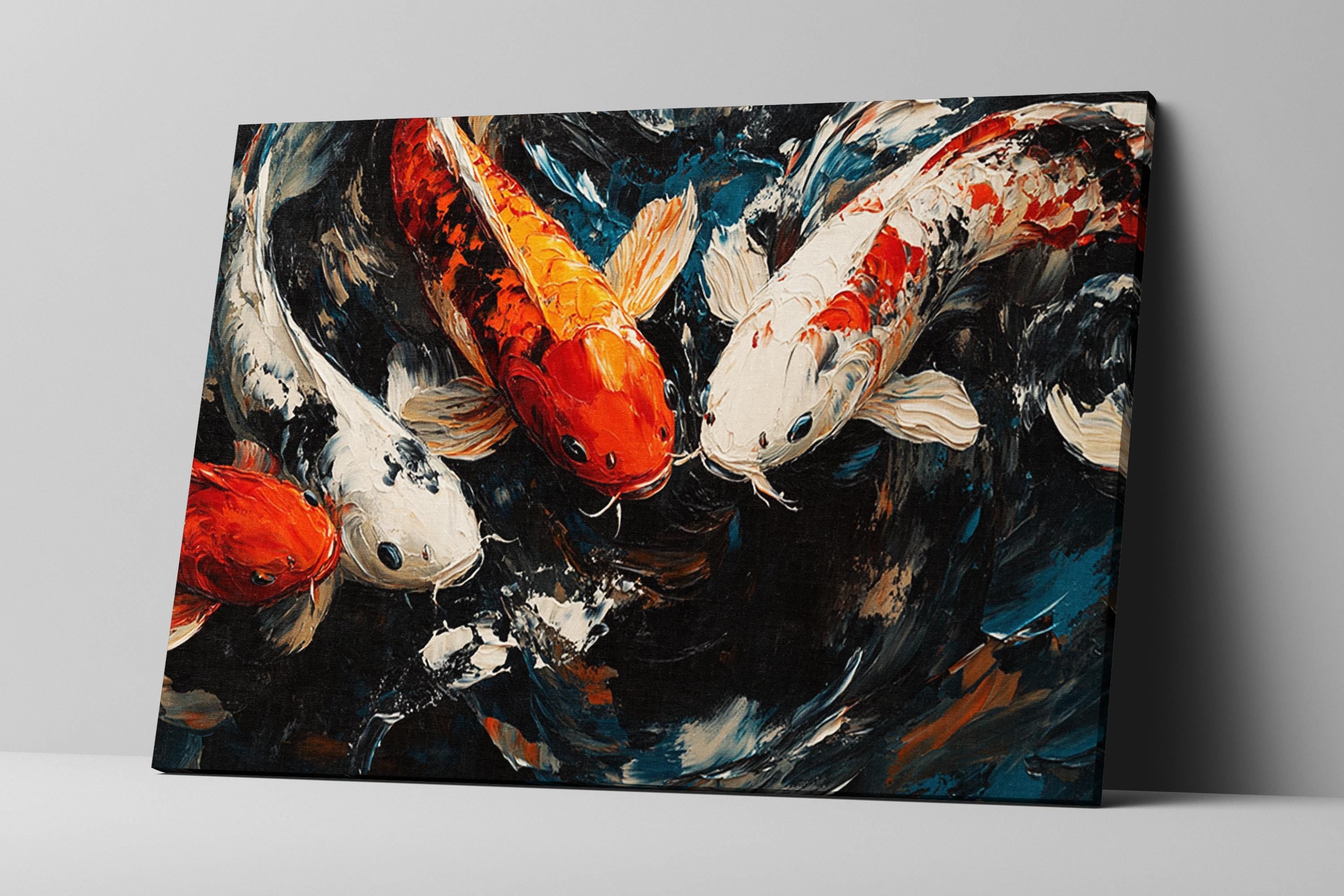 a painting of a group of fish swimming in a pond