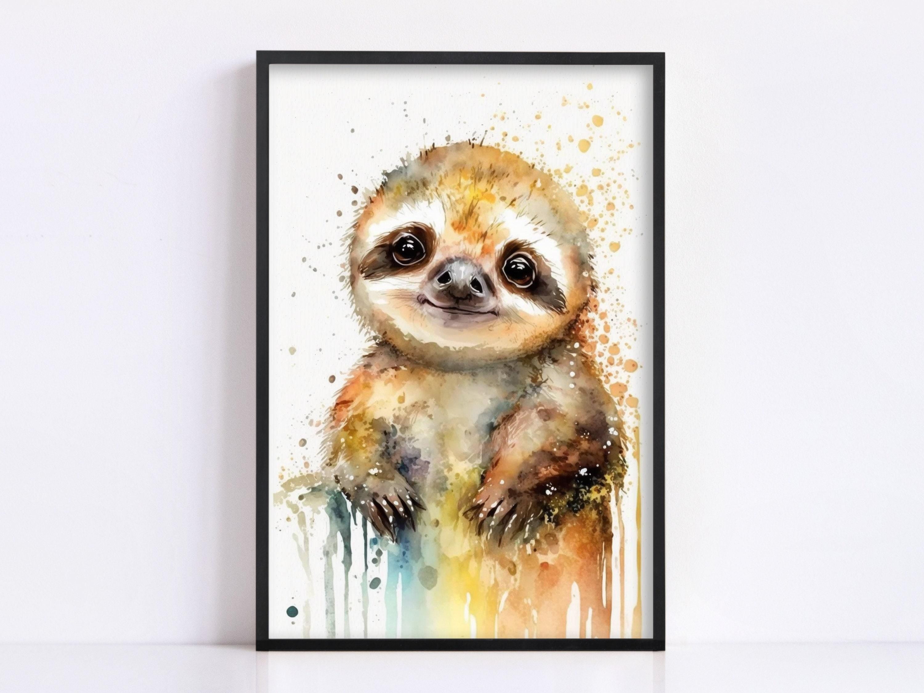 Wildlife Serenity: Sloth Watercolor Painting, Giclee Print on Canvas, Artist Paper, Watercolor Paper, Available in Extra Large Sizes