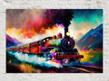A vibrant, colorful painting depicting a steam locomotive train traveling through a mountainous landscape, with dramatic clouds and smoke billowing from the locomotive.