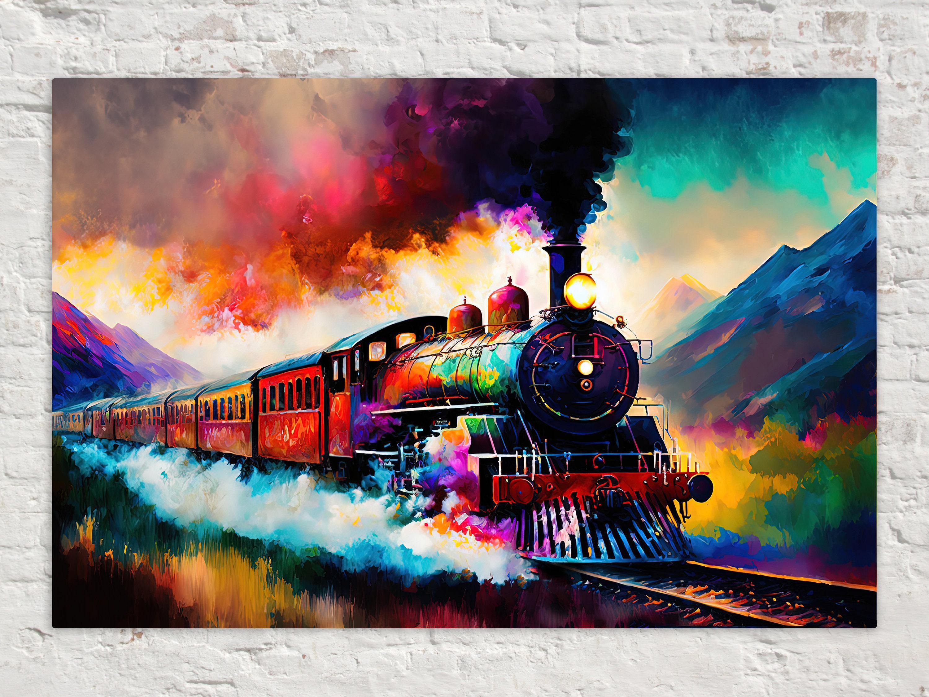 A vibrant, colorful painting depicting a steam locomotive train traveling through a mountainous landscape, with dramatic clouds and smoke billowing from the locomotive.