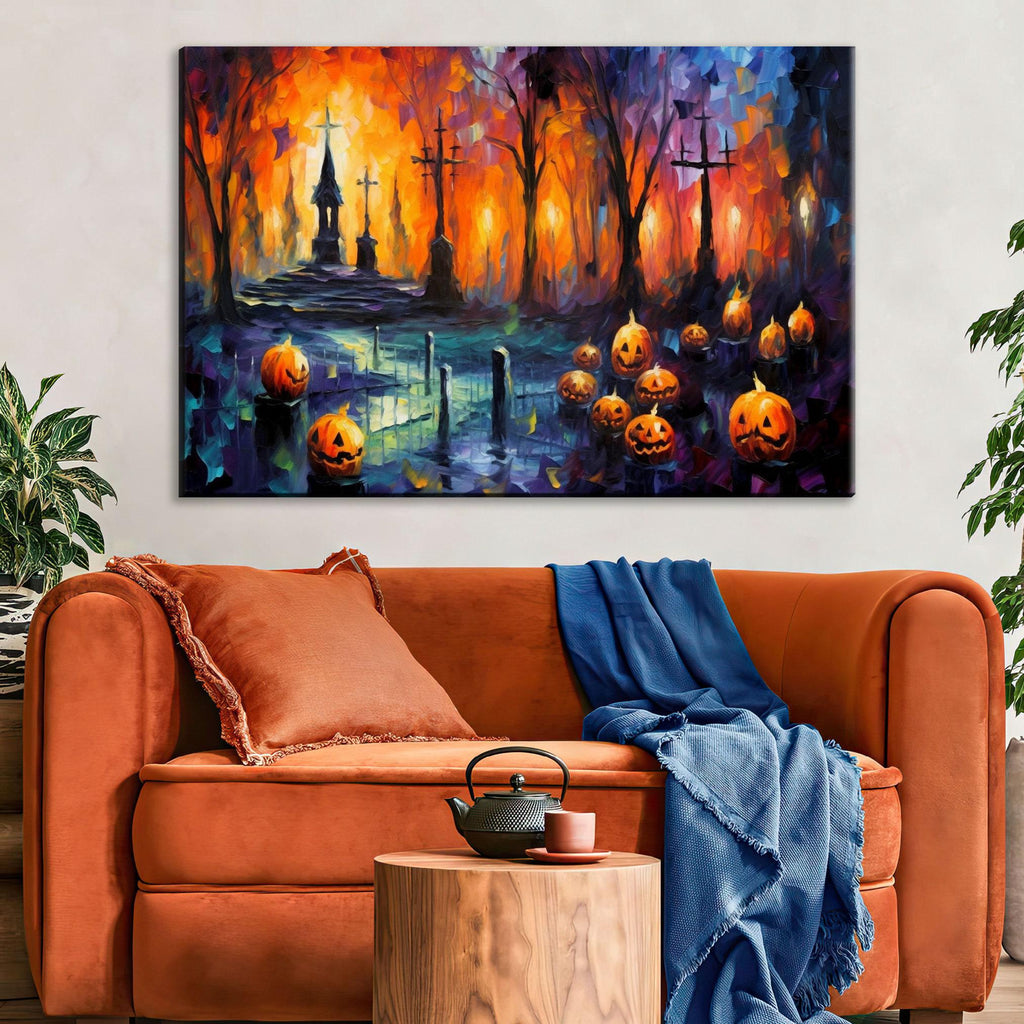 Halloween Graveyard Canvas | Spooky Wall Art - Large Gallery Wrapped Artist Print