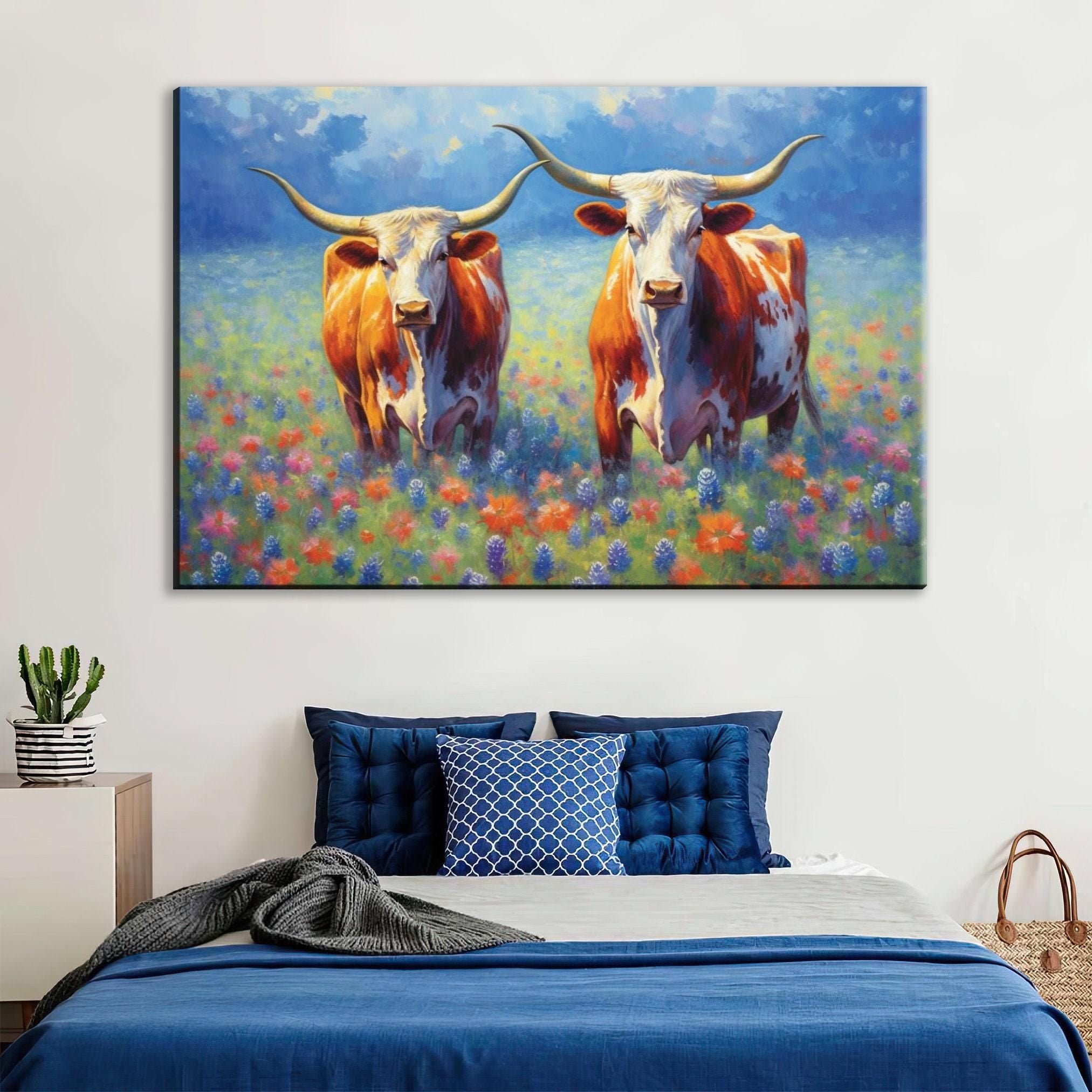 Texas Longhorn Canvas Art - Bluebonnet Painting | Large Western Wall Art Decor