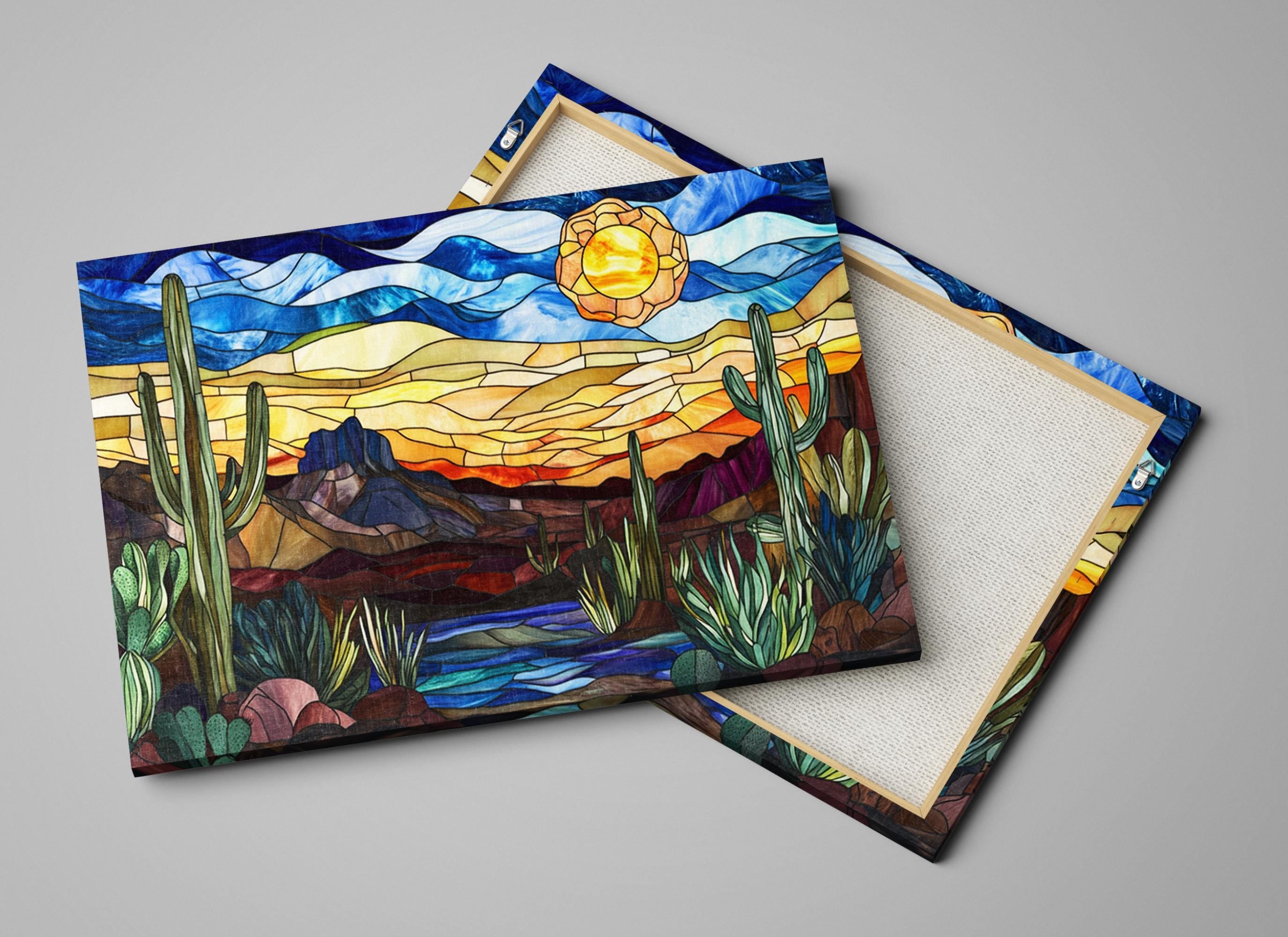 a painting of a desert scene with cactus and mountains
