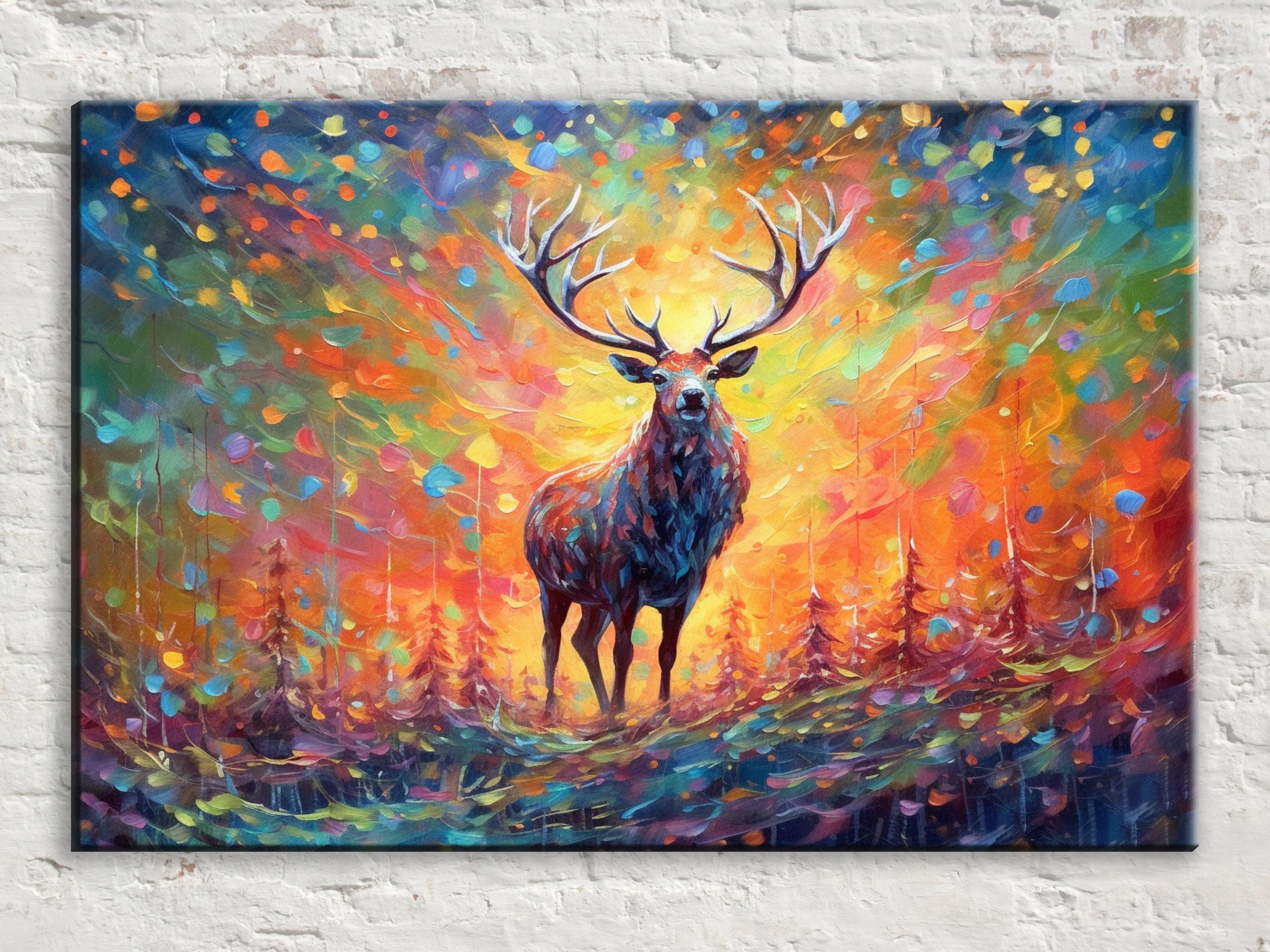 Colorful Reindeer Painting - Large Christmas Canvas Art | Rustic Holiday Wall Decor